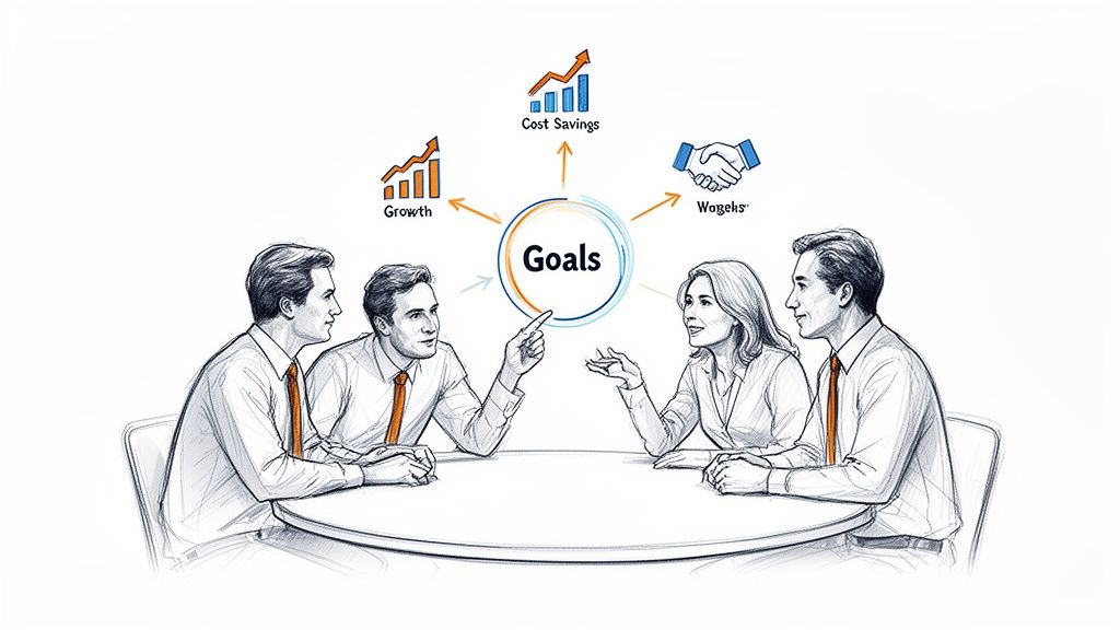 Four business professionals discuss strategic goals, aiming for growth, cost savings, and collaboration.