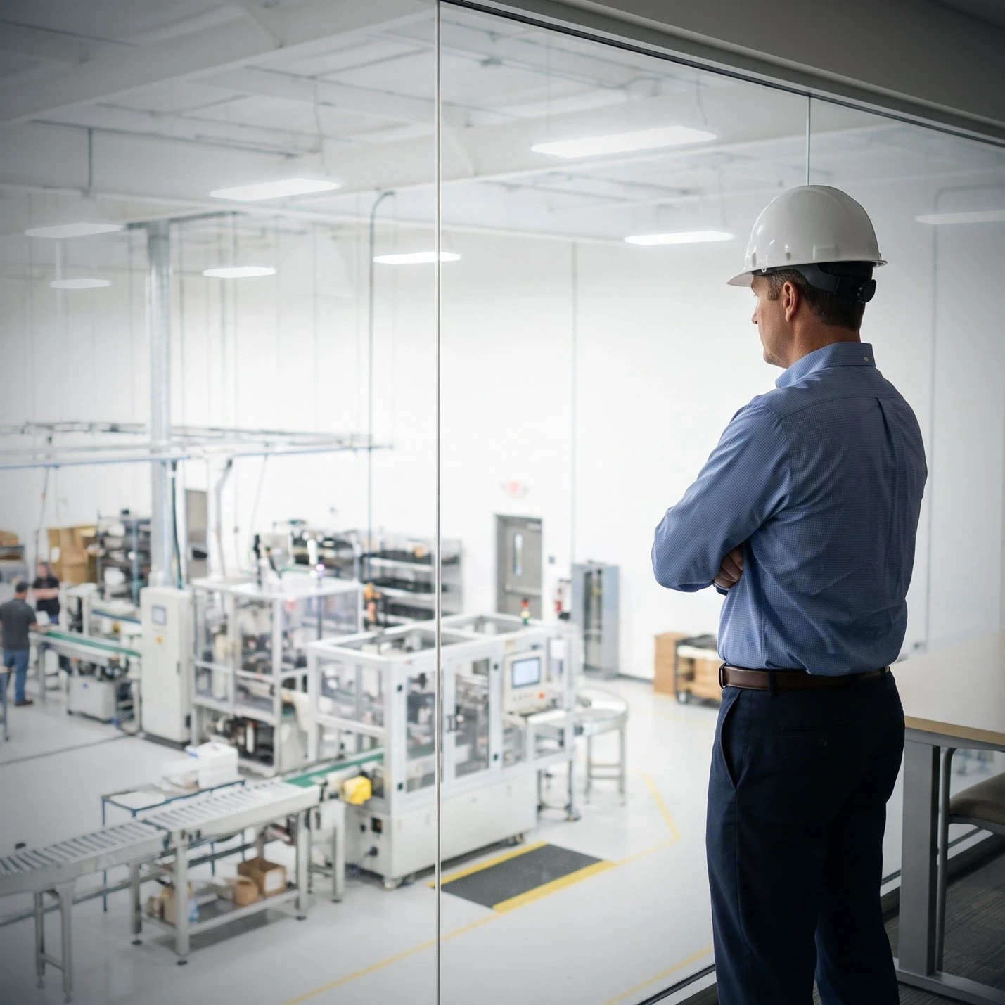 Plant manager looking out over the production floor from a glass-walled office above