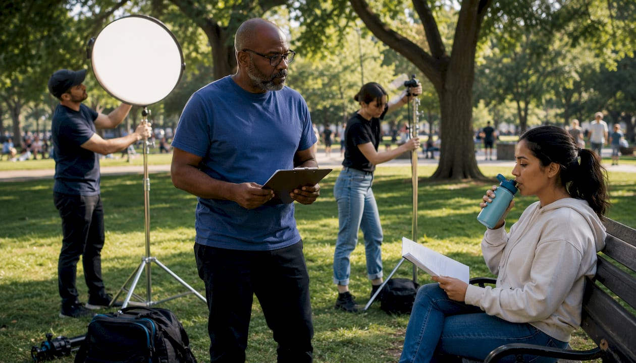 Director and crew preparing nonprofit video shoot