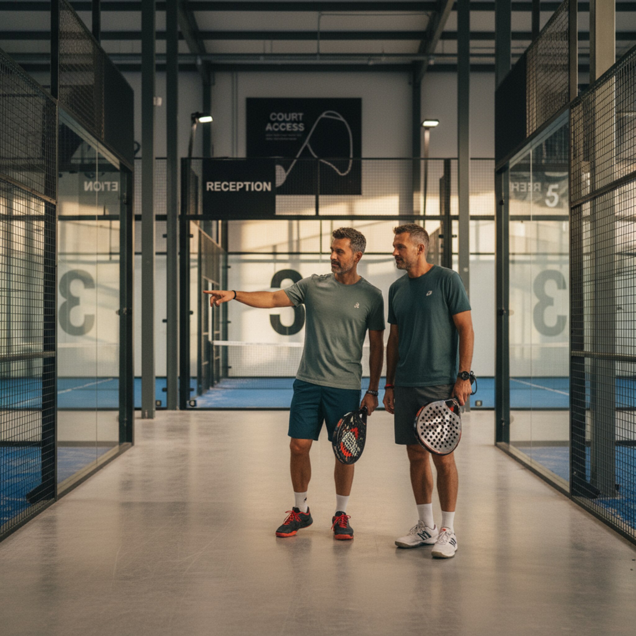 Ein Spieler zeigt seinem Partner vom Mittelgang aus einen freien Court, die Glaswände reflektieren warmes Licht. Nummerierungen sind gut sichtbar, die Anlage wirkt aufgeräumt und hochwertig. Man spürt eine klare Orientierung im Raum und eine spontane Entscheidung für den nächsten Slot.