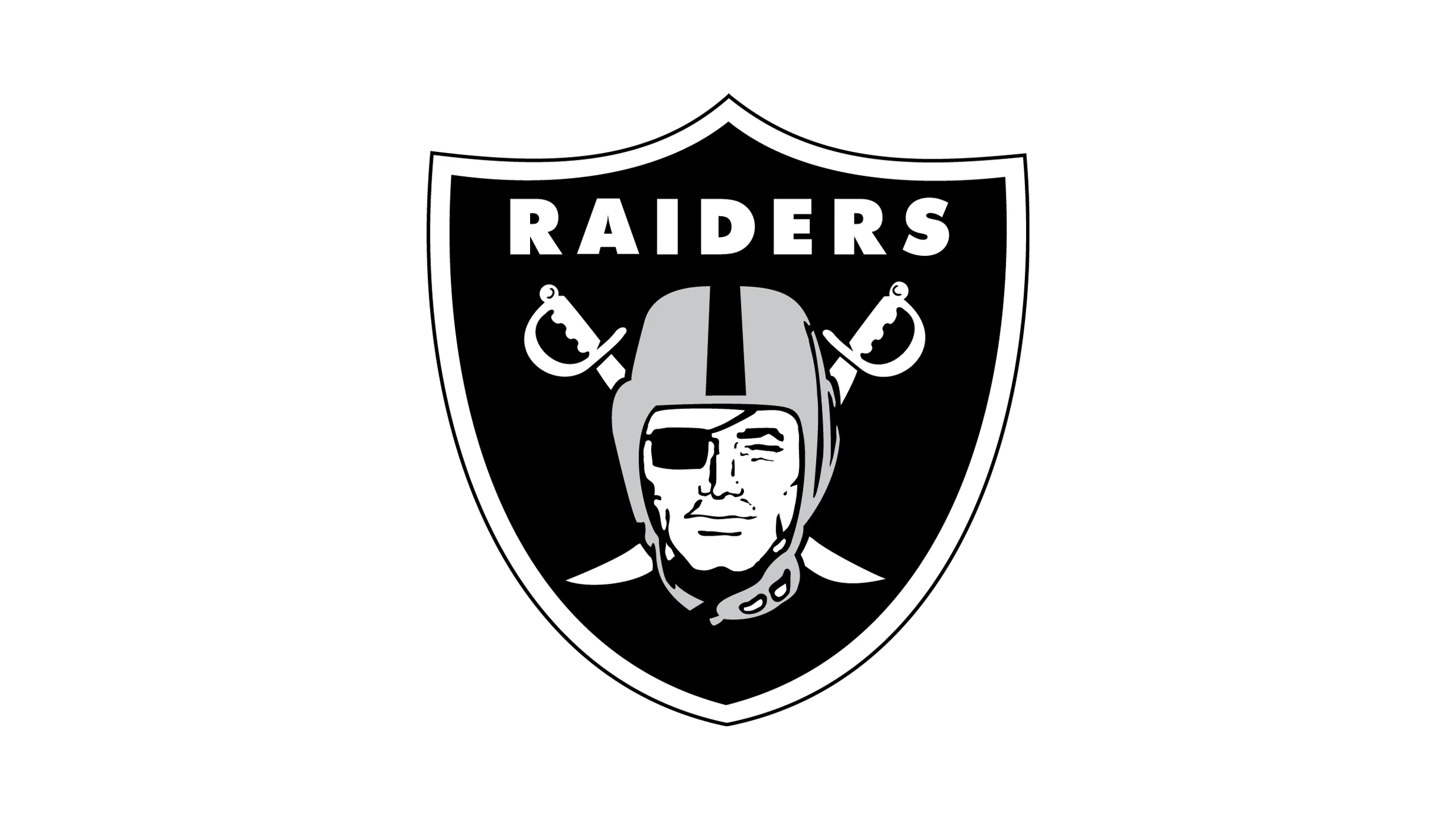 Official Las Vegas Raiders logo featuring a black shield with a silver outline, a helmeted football player with an eye patch, and crossed swords behind his head.