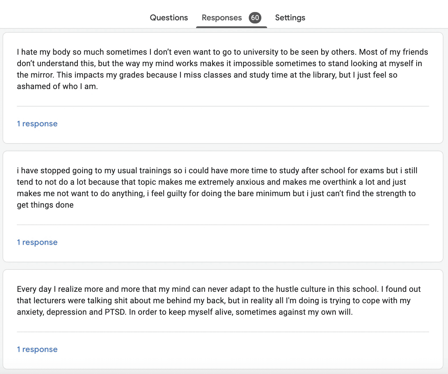 Screenshot of Google form with a few confessions from our audience.