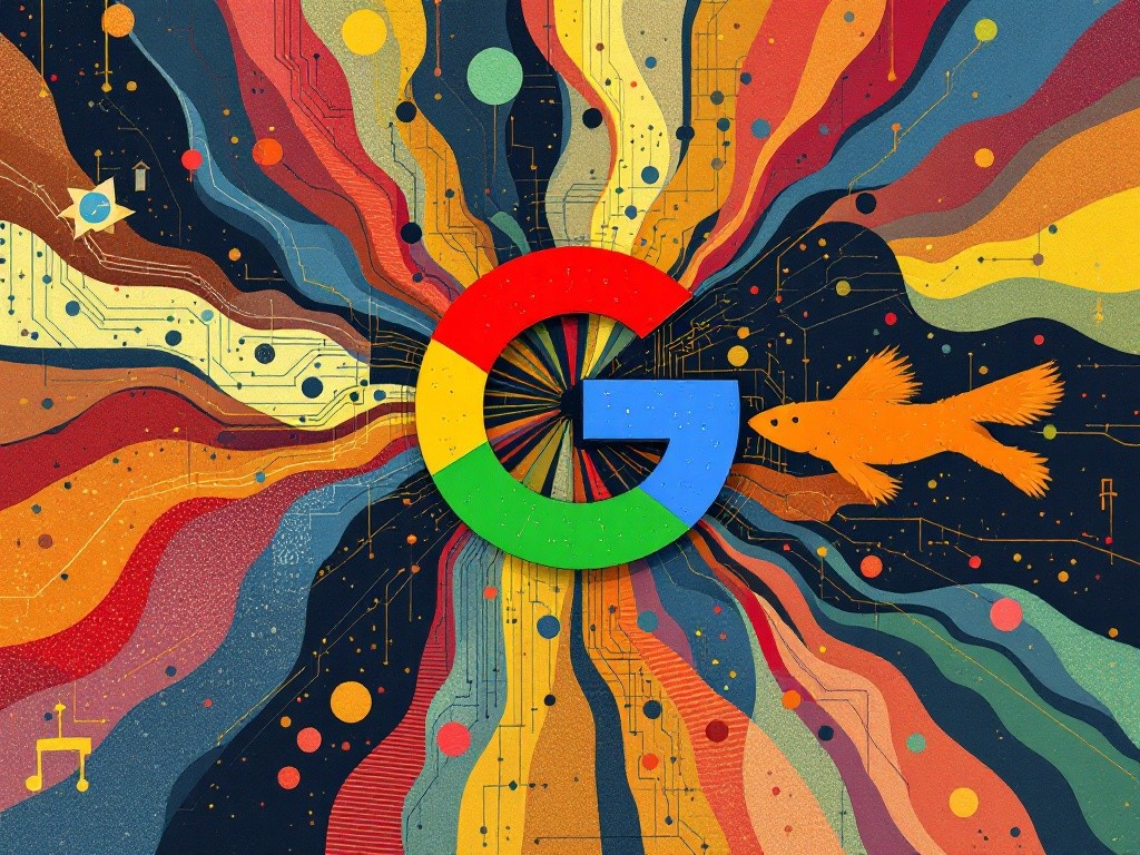 Google logo with colorful abstract background and a goldfish