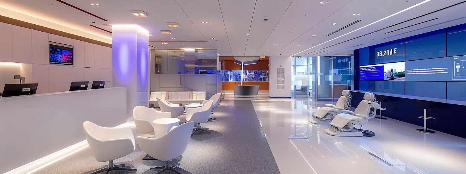 a modern dental clinic interior features sleek white dental chairs, polished metal instruments, and a large wall-mounted display showcasing dental health information, all bathed in bright, clinical lighting to emphasize cleanliness and professionalism.