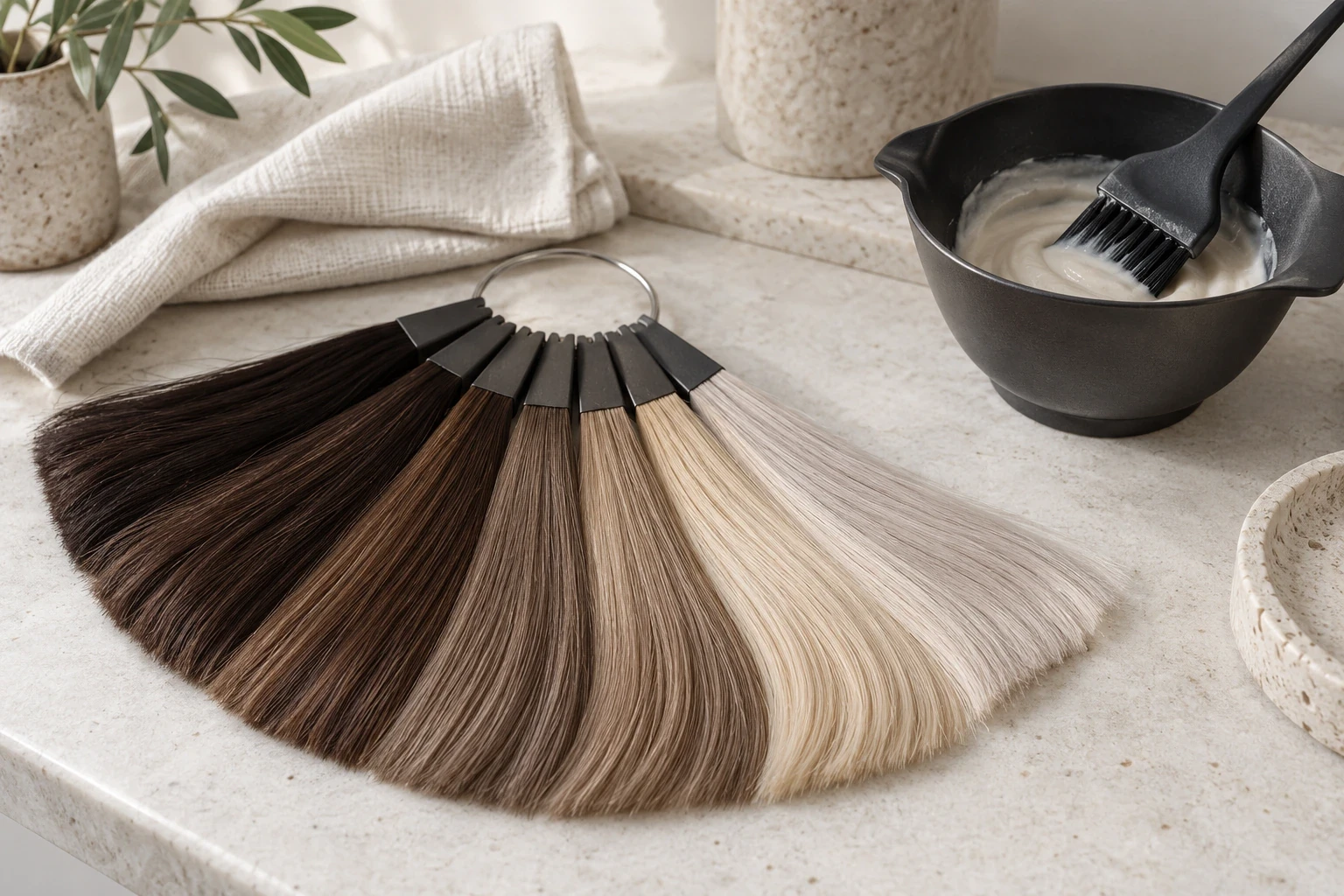 Hair colour swatches with a tint bowl and brush