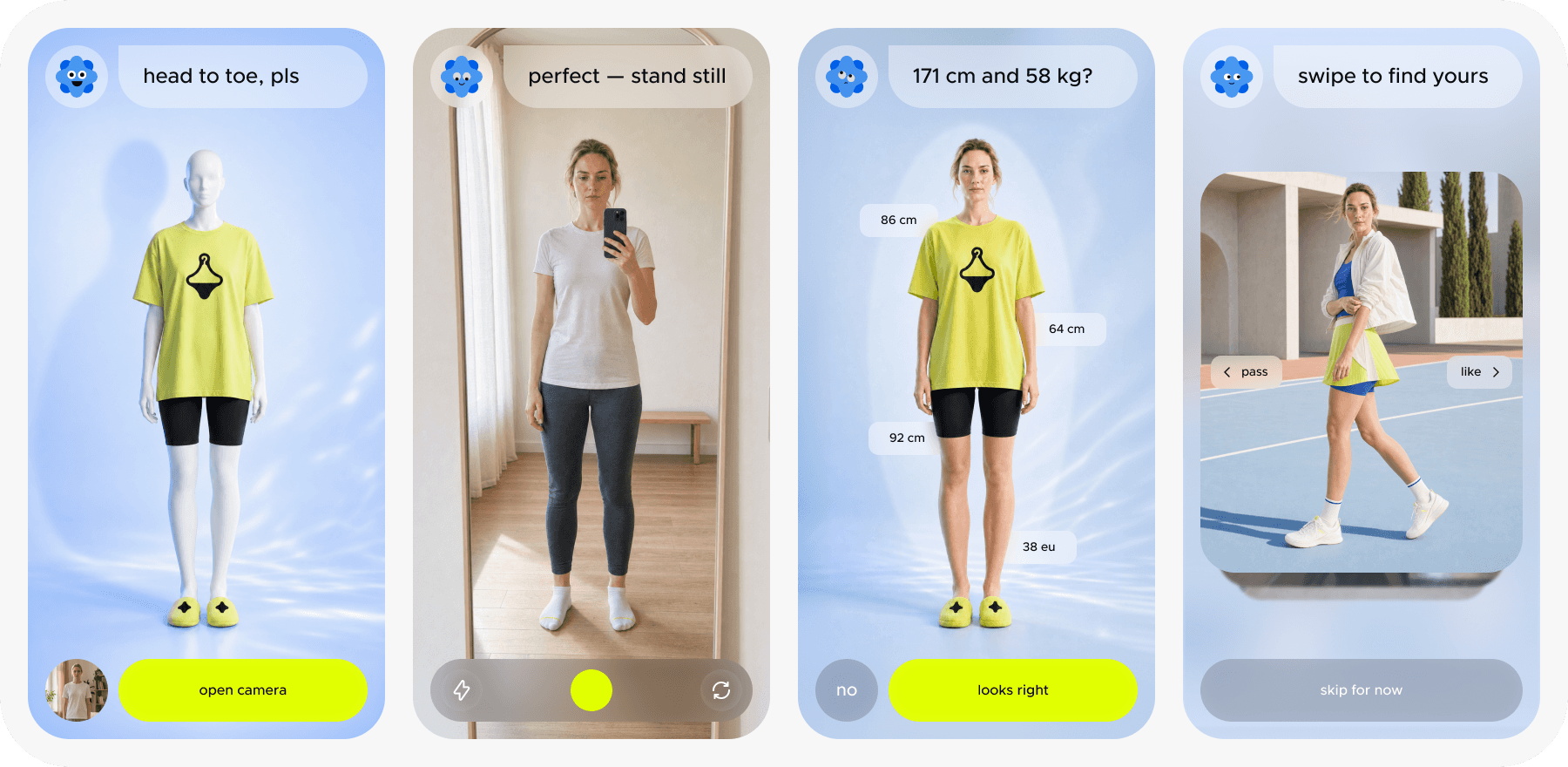 onboarding steps: full-height photo, camera capture, body measurements and swiping looks
