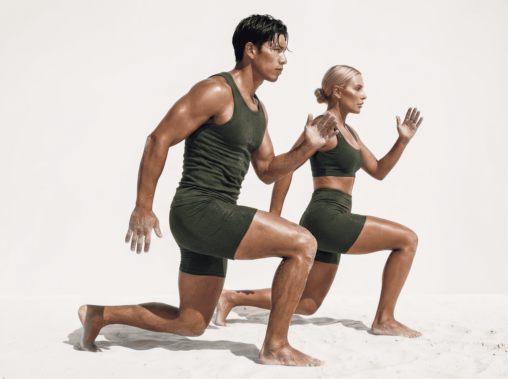 Man and woman in olive activewear performing a HIIT lunge for a bootcamp class in Saldanha, Lisbon