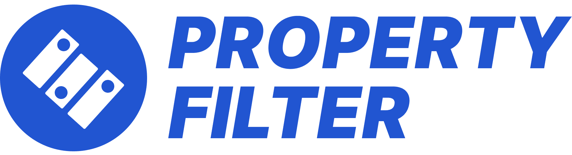 Property Filter logo featuring a blue brick circle icon with three tilted property filter symbols, next to bold blue text reading 'PROPERTY FILTER'