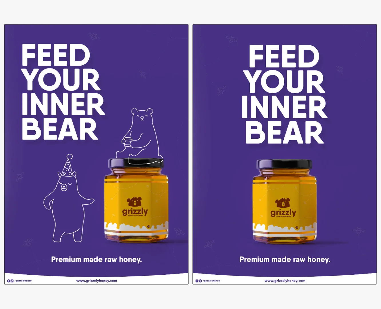 Two vibrant purple posters; one features a white line drawing of a bear with a birthday hat and a gift, the other shows a bear eating from a honey dipper. Both posters prominently feature the bold white text "FEED YOUR INNER BEAR".