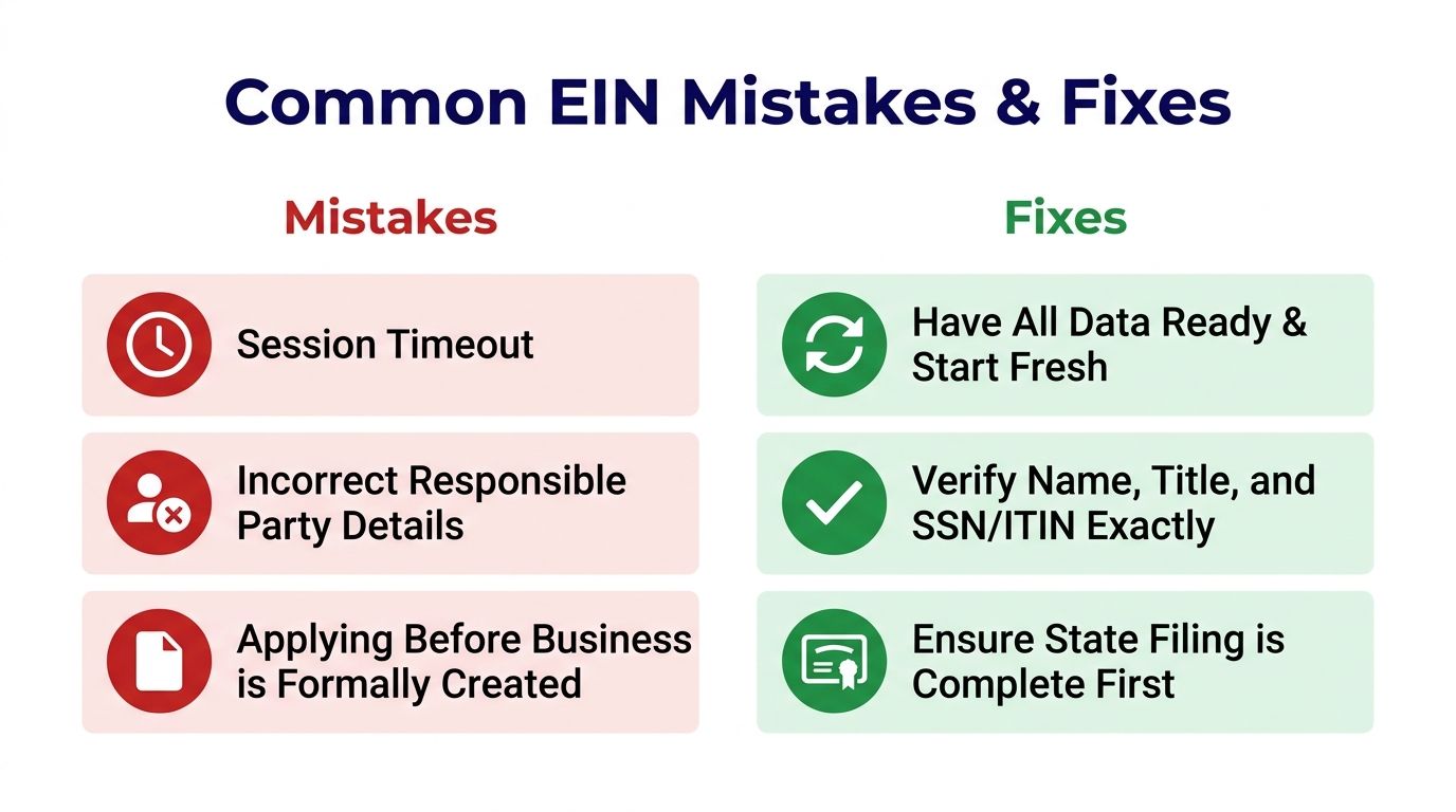 A chart comparing three common EIN application mistakes and their corresponding solutions for business owners.