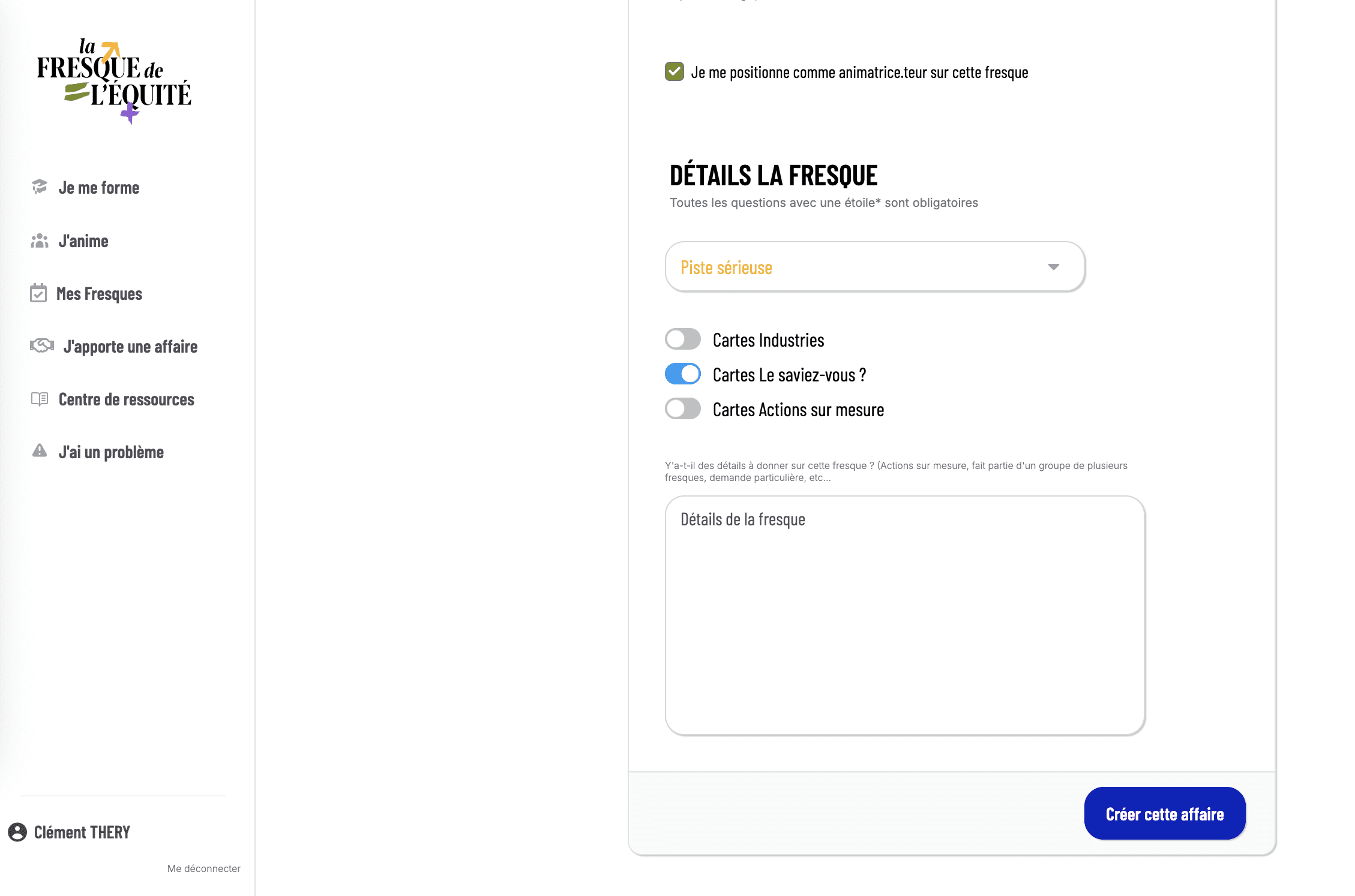 Capture d’écran de l’interface de gestion d’une fresque : formulaire de configuration avec options de cartes pédagogiques, détails de l’atelier et suivi des animateurs.