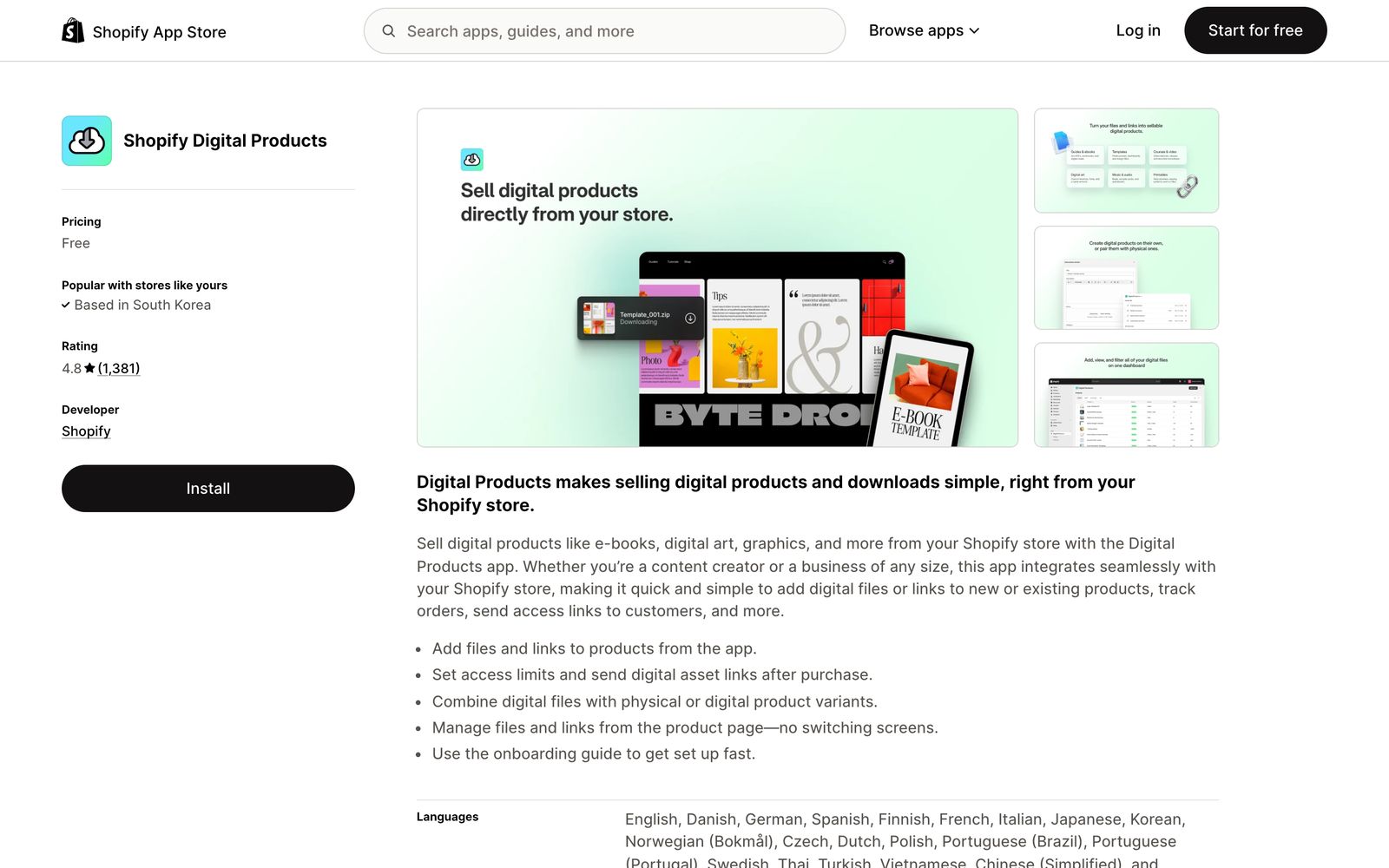 The Shopify Digital Products app listing