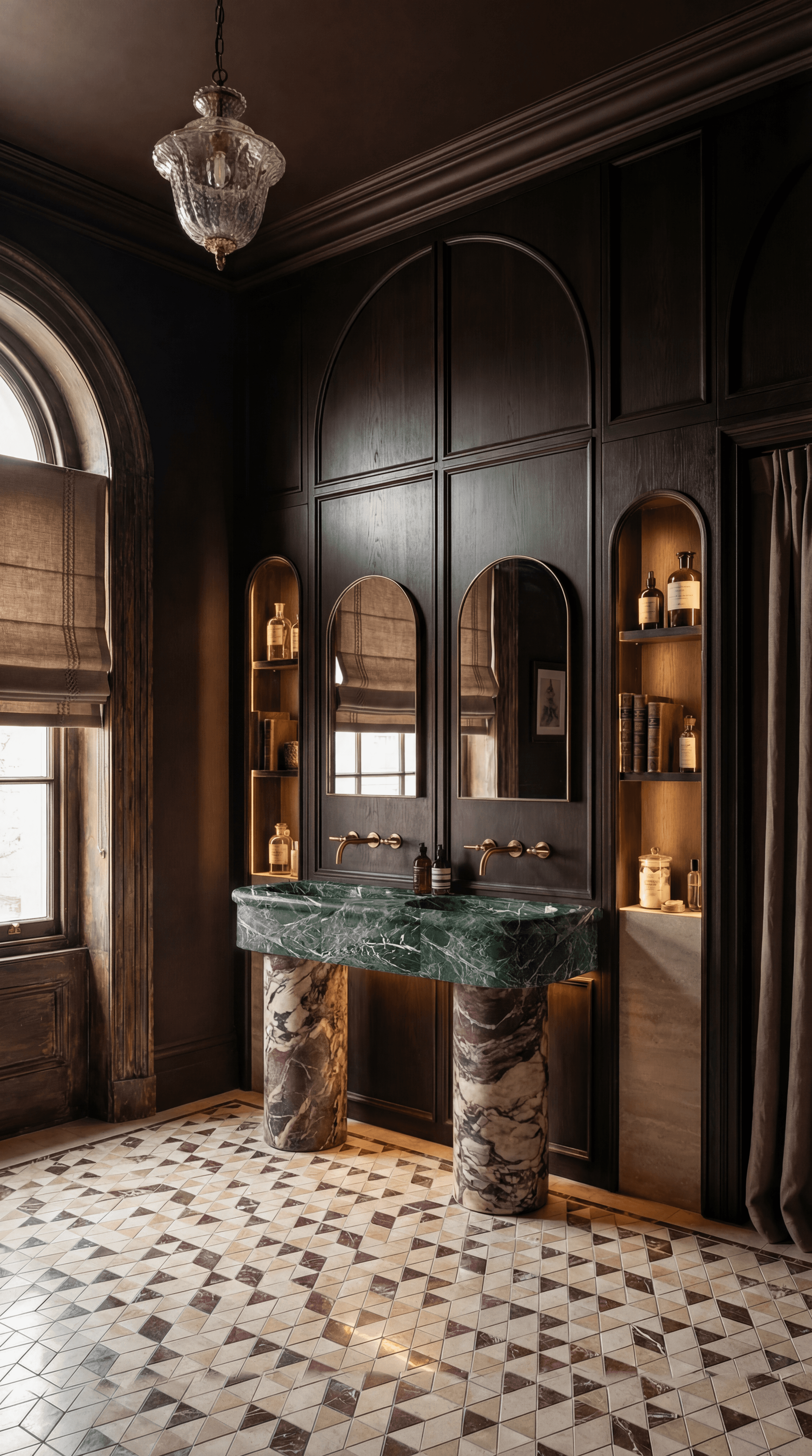 Moody bathroom vanity with Verde Tinos green marble countertop, arched mirrors and warm brass tapware, dark cabinetry