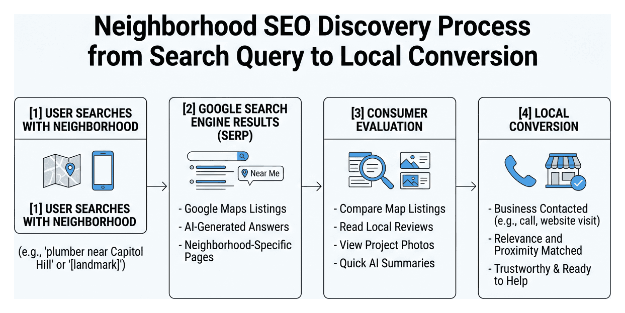 Neighborhood SEO discovery process from search query to local conversion