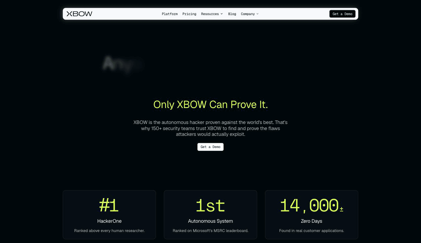 XBOW homepage showing the Only XBOW Can Prove It headline with the number one HackerOne ranking, first autonomous system on Microsoft MSRC leaderboard, and 14,000 plus zero days stat tiles