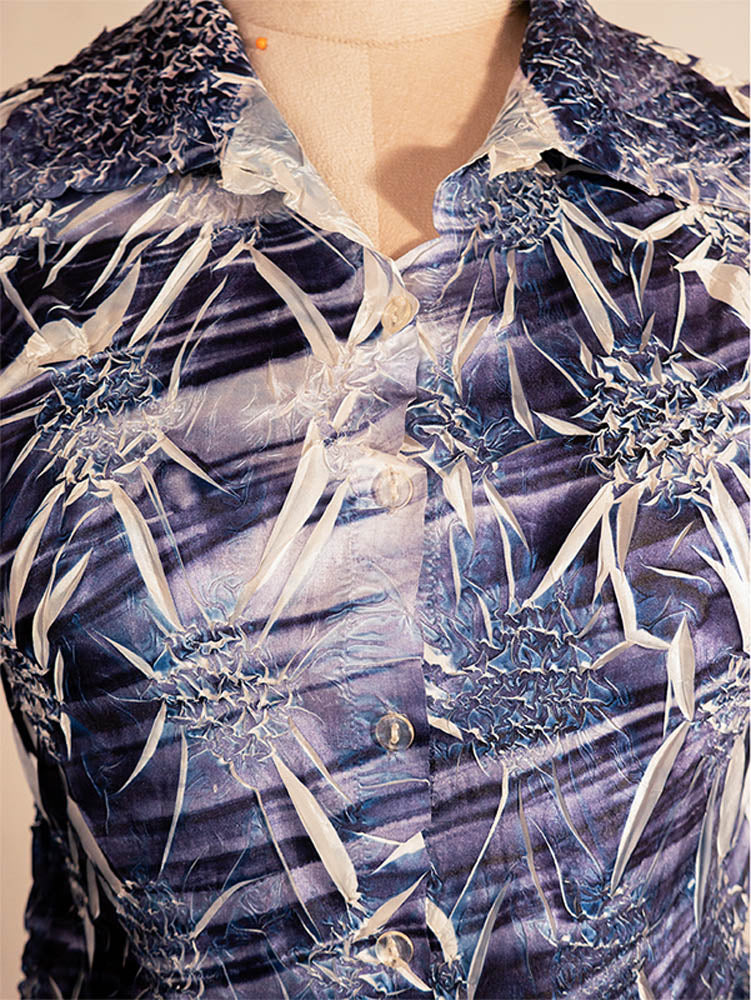 Vintage Y2K crinkled mesh short-sleeve blouse in abstract blue and 