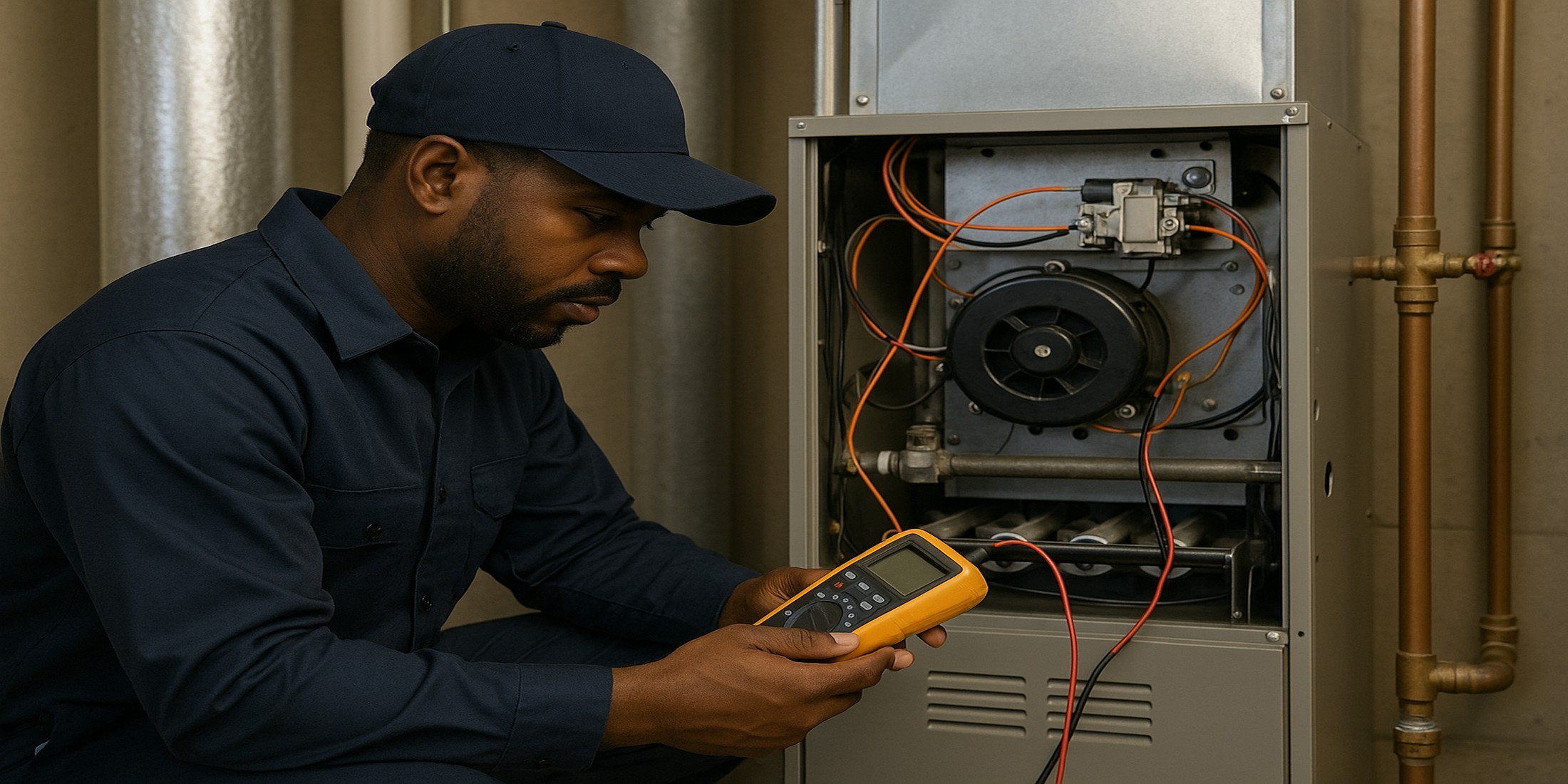HVAC technician testing furnace electrical components with a digital multimeter during professional furnace repair service in Mississauga Ontario.