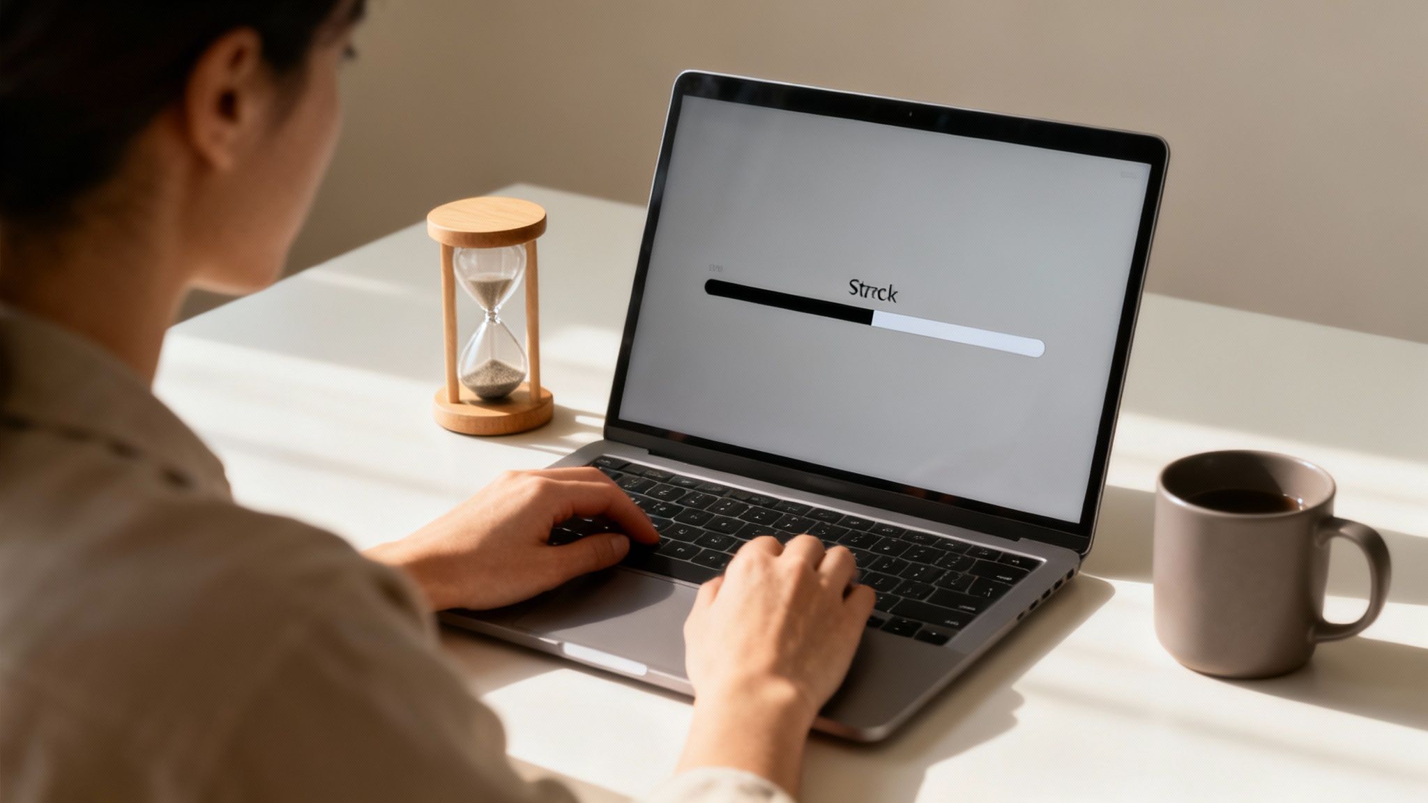 A person in the middle of a long, foggy road, looking determined to continue.