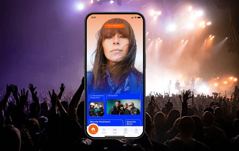 A mockup for an iphone placed over a cheering crowd at a concert