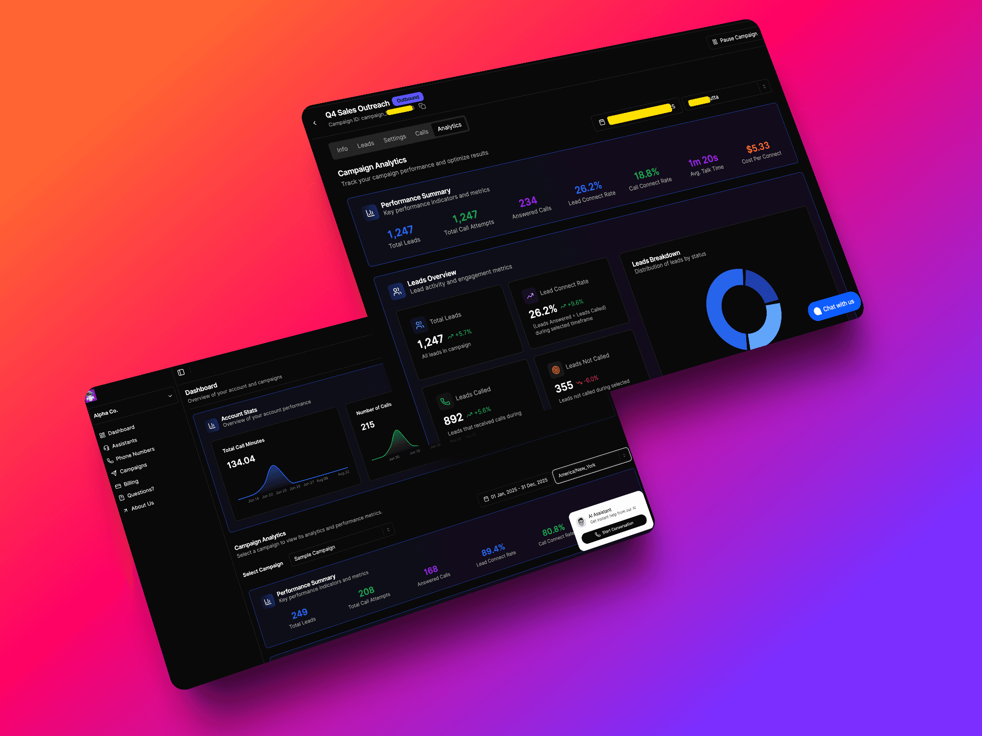 VoiceAIWrapper's dark-themed AI Sales dashboard interface showcasing multiple analytics views with left sidebar navigation (Campaigns, AI Agents, Analytics, Contacts, Broadcasts, Settings), campaign analytics section with performance tracking graphs displaying 134.0% metrics, leads data cards showing +33.9% and +2.0% growth indicators, blue donut chart for lead segmentation, and real-time statistics including 199 bounce rate and 2010 total call answered - AI Sales. Use voice AI for outbound lead qualification | VoiceAIWrapper.