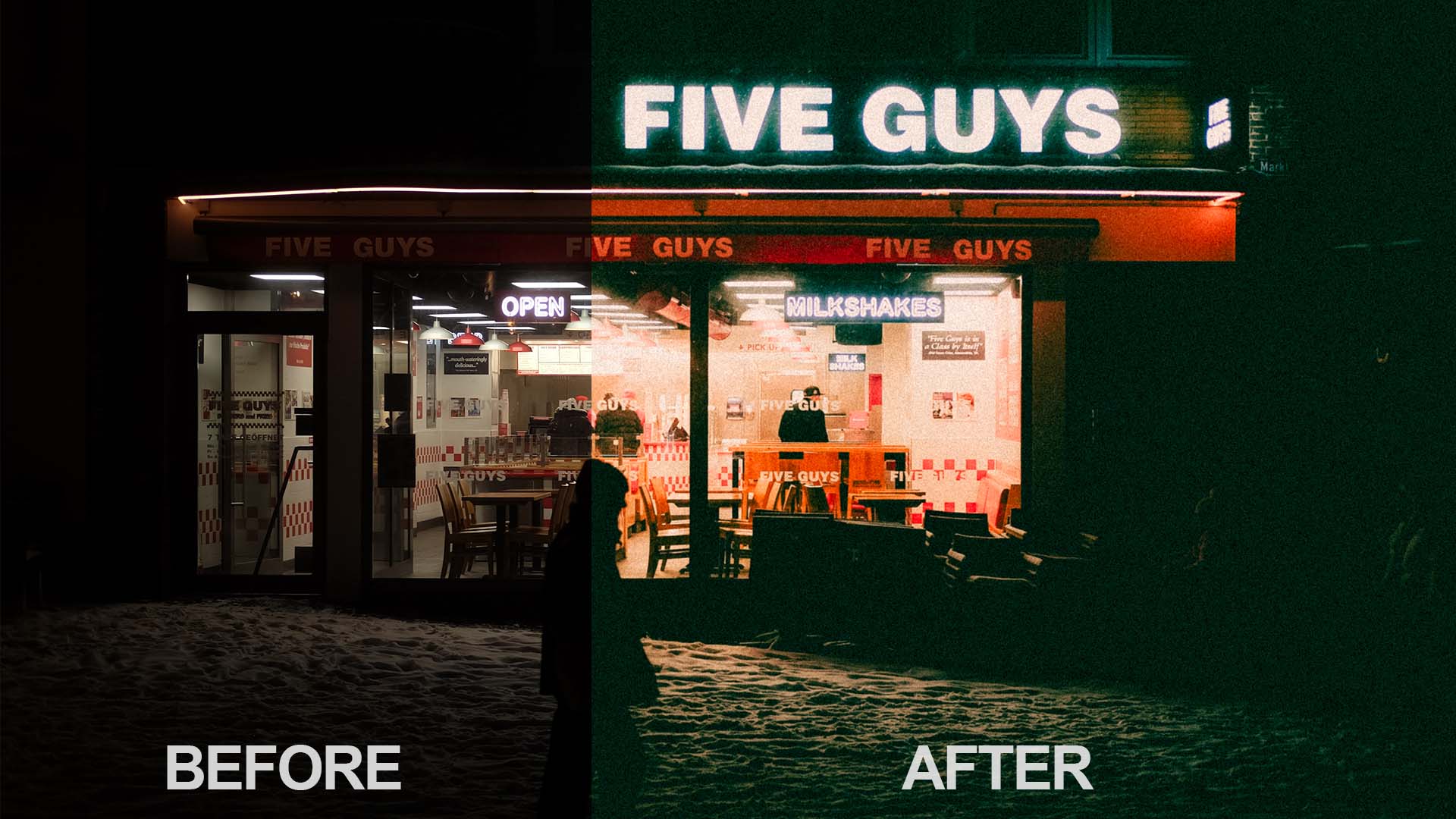Before and after comparison of an edited image taken at night of a person walking past a burger restaurant