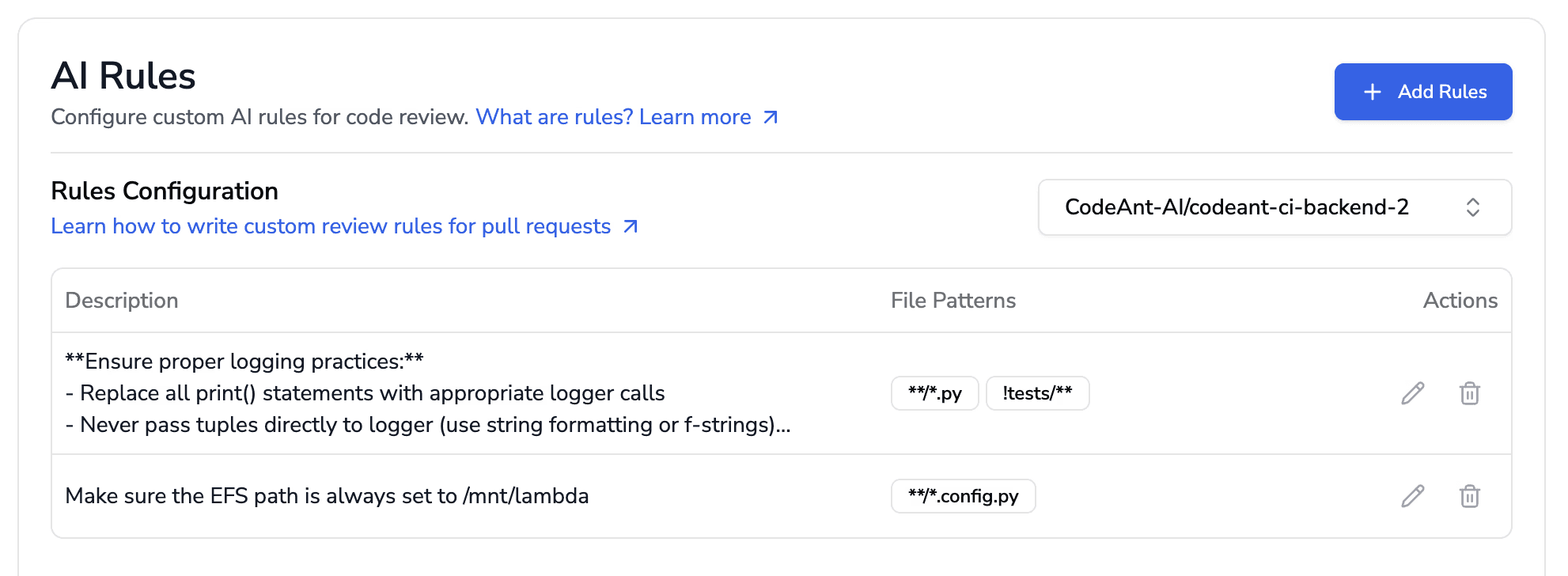 Custom AI code review rules panel displaying automated coding standards, logging practices, and file patterns to enforce coding quality and reduce coding violations during pull requests.