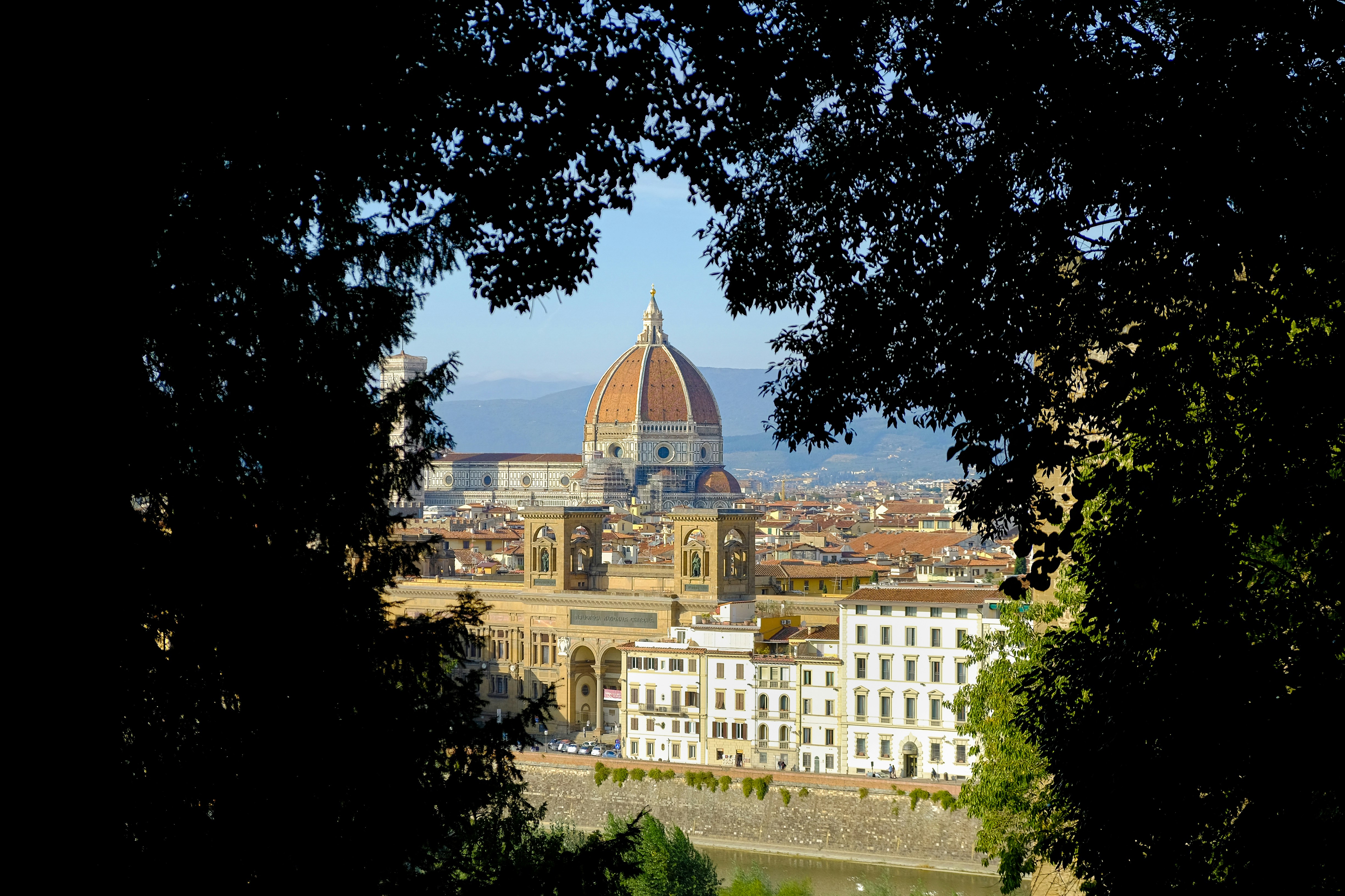 a view of a city through some trees