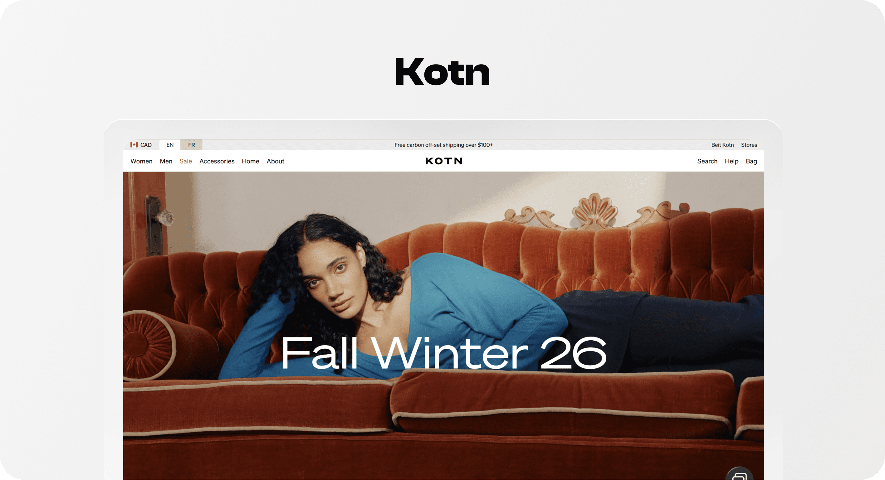 Kotn homepage with simple clothing category navigation and a Fall Winter collection campaign.