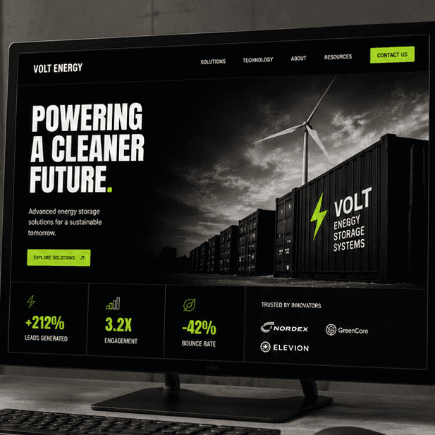 Renewable energy website homepage featuring energy storage solutions and sustainability-focused messaging.