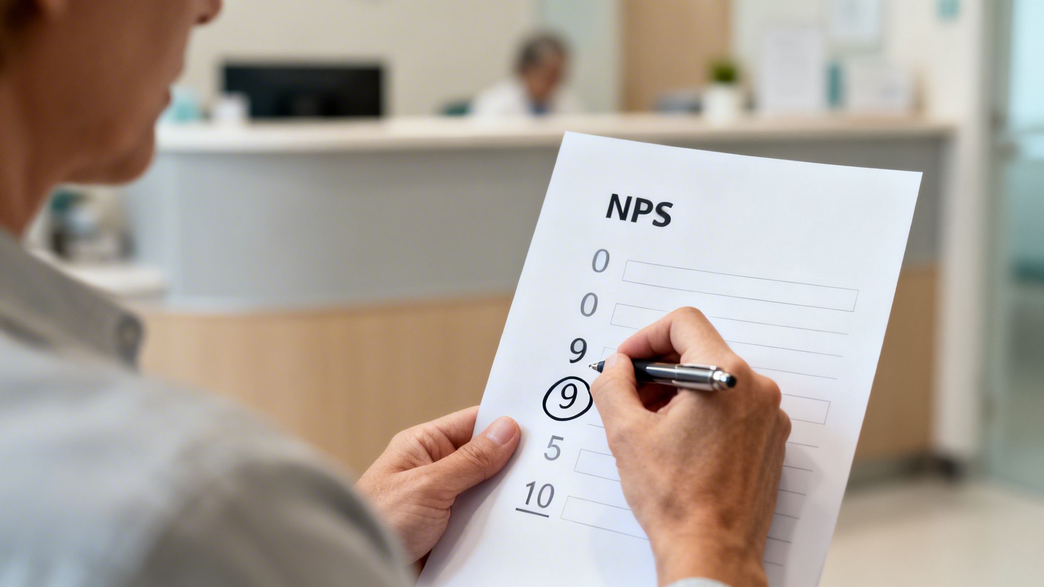 A person's hands filling out an NPS (Net Promoter Score) survey, circling the number 9.