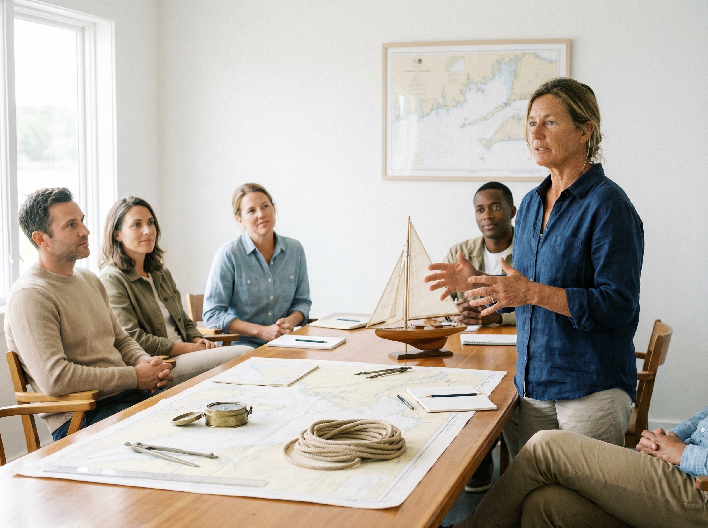 Ein heller Schulungsraum mit Seekarten auf dem Tisch und einem Kompass neben einem Refftau. Eine Trainerin erklärt am Modellboot die Wende, die Gruppe verfolgt aufmerksam die Handbewegungen. Sonnenlicht fällt durch das Fenster auf sauber sortierte Lehrmaterialien.
