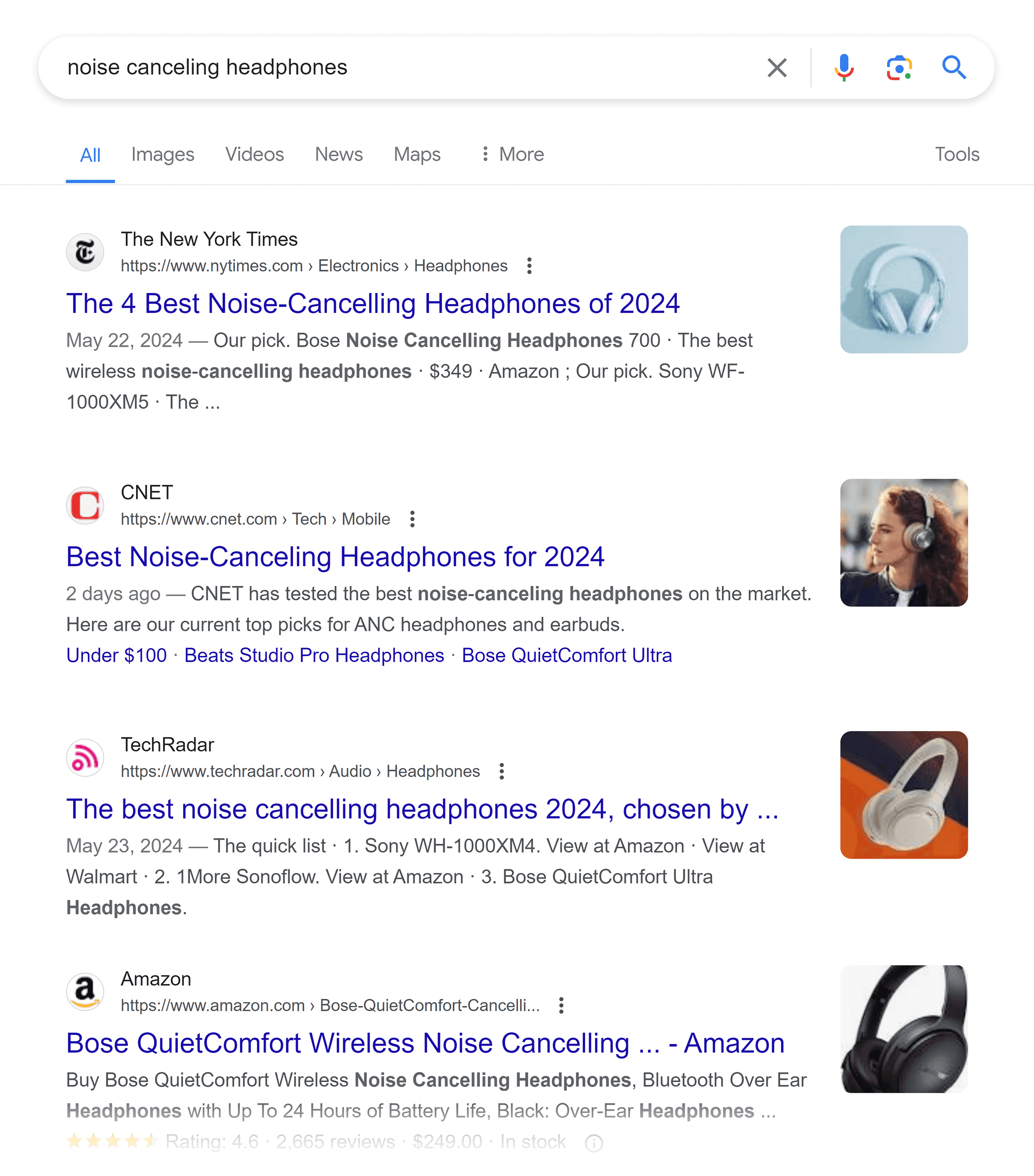 Google SERP – Noise canceling headphones