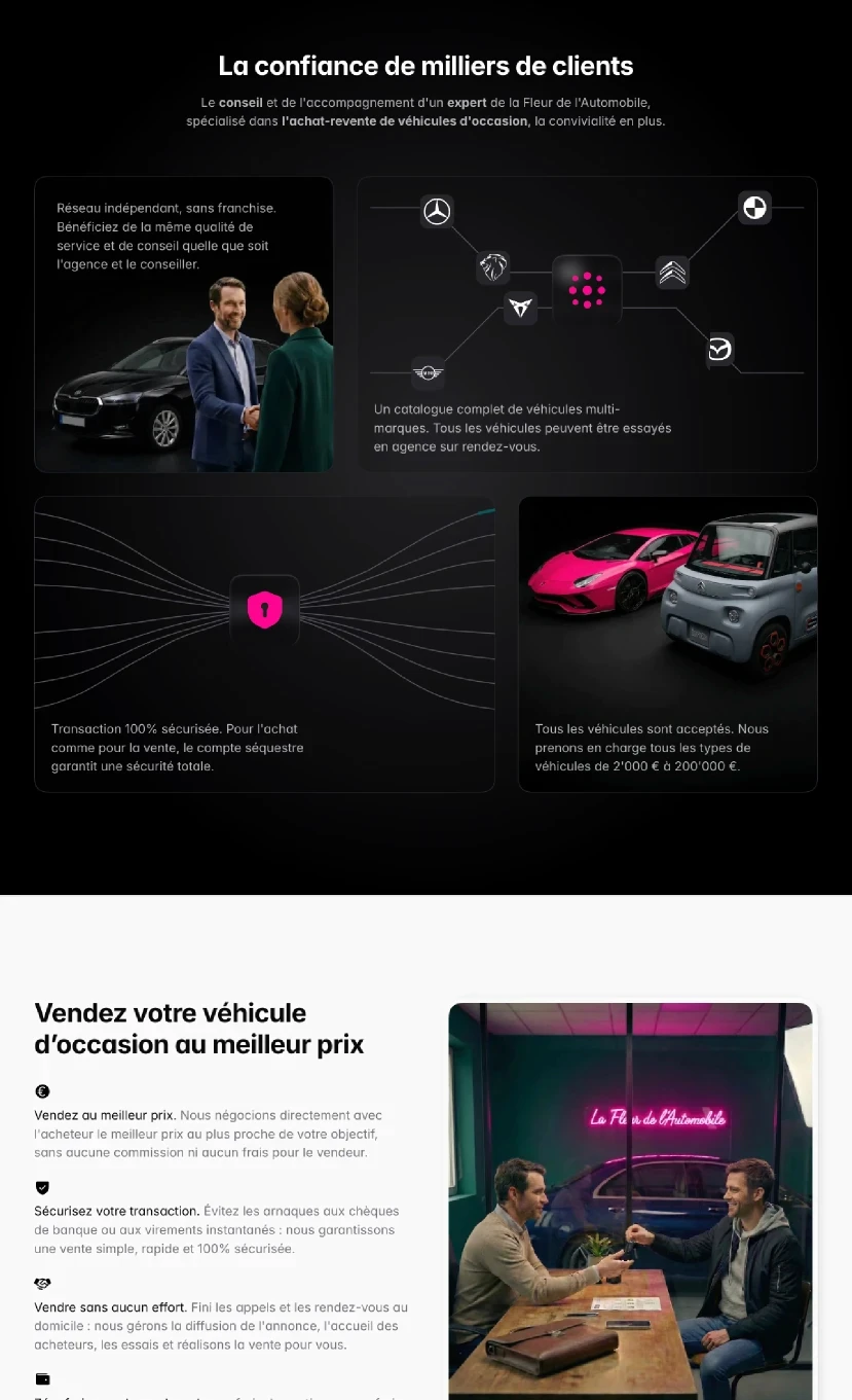 Section réassurance réalisée sur Framer par 1temporel pour le compte d'une franchise en France ed vente de véhicules d'occasion