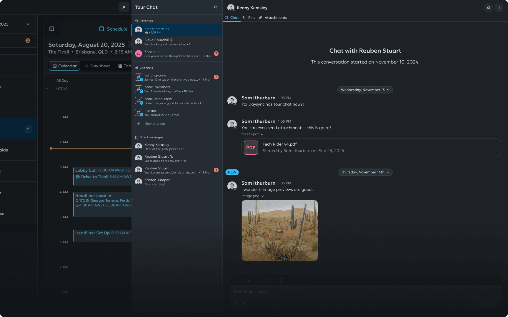 The DaySync tour management web app, showing the detailed