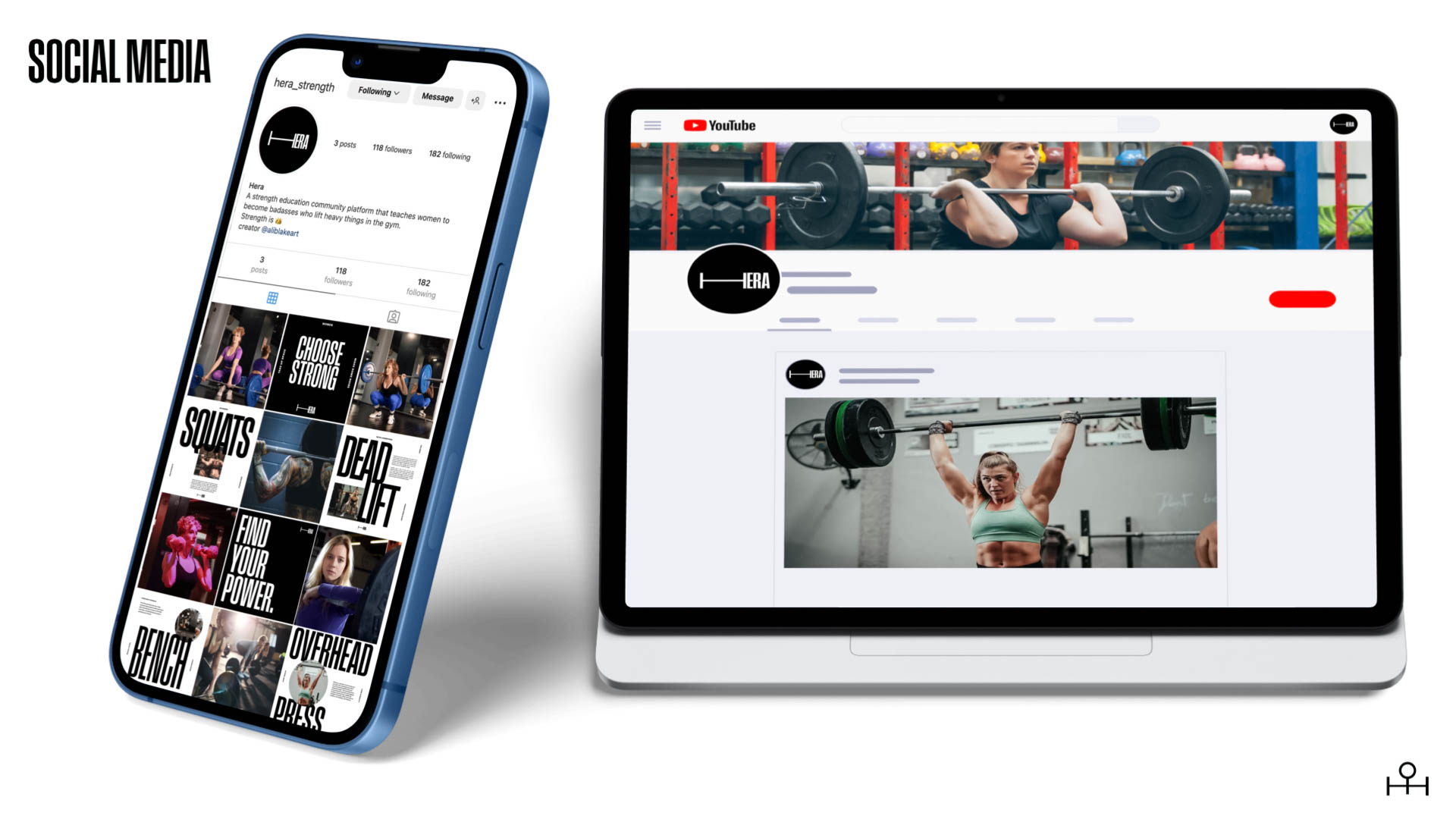 A smartphone displays a social media page with posts about fitness and strength training, including images of squats, dead lifts, and overhead presses. A laptop screen shows a video of a woman lifting weights in a gym. The text "SOCIAL MEDIA" is visible in the top left corner.