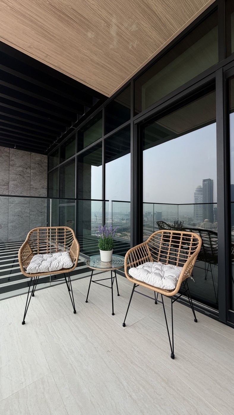 Furnished balcony with rattan chairs and a city outlook
