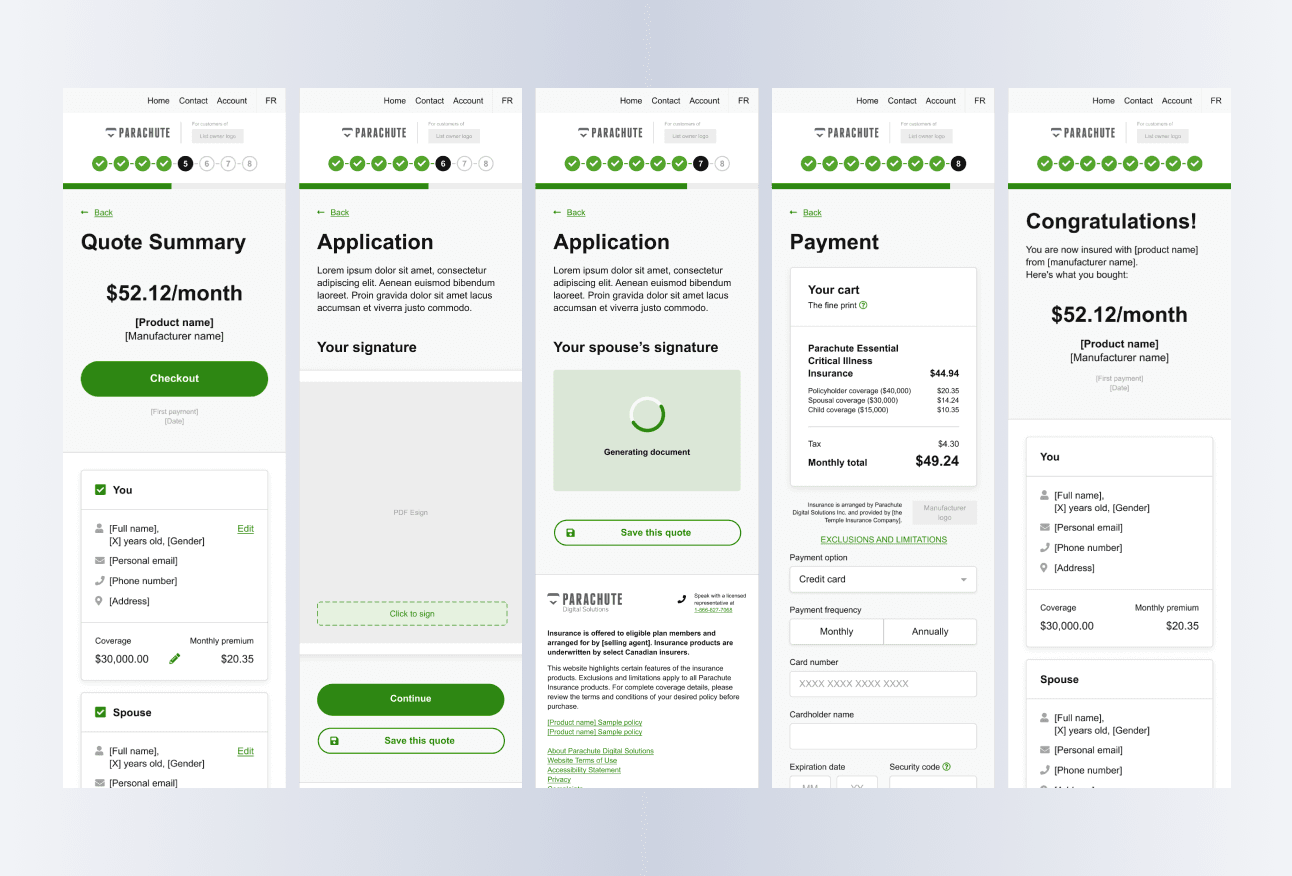 Parachute Insurance transactional screens