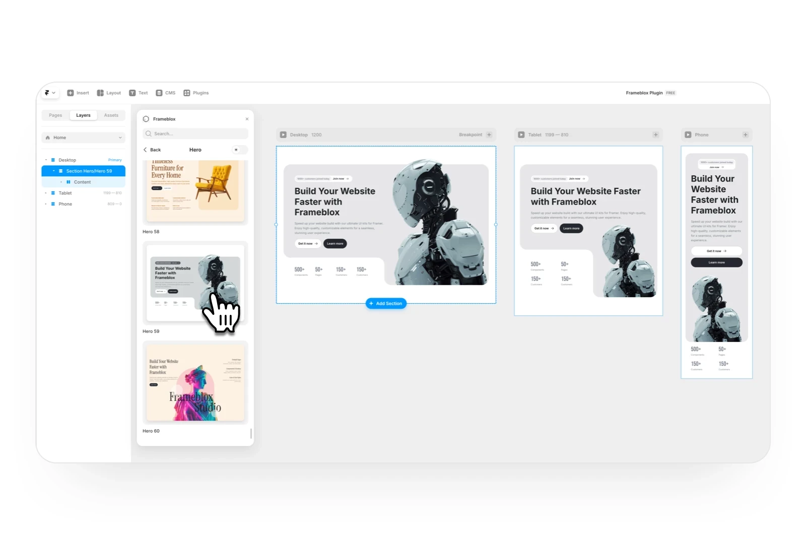 Framer UI kit Frameblox Plugin - Add prebuilt sections from the Frameblox Plugin to my Framer project.