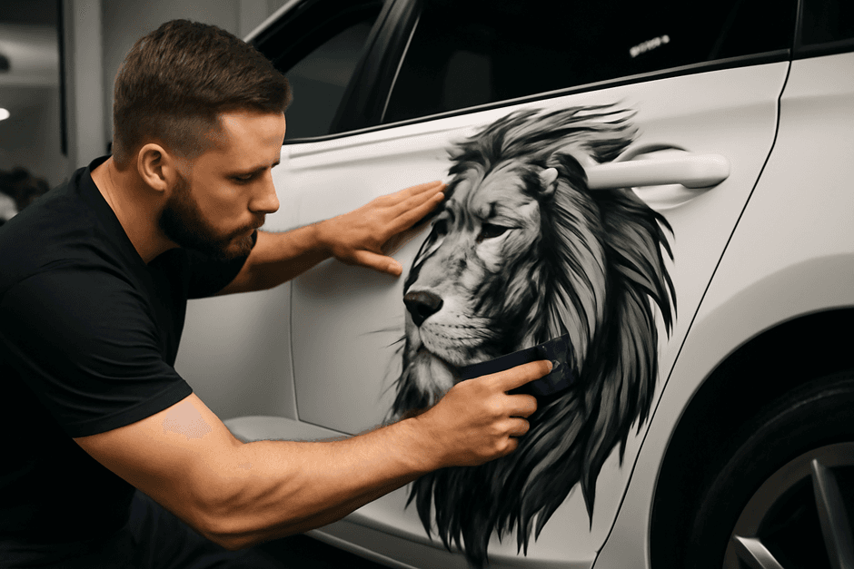 Autofolierer bringt ein detailreiches Löwen-Design auf ein elegantes weißes Auto