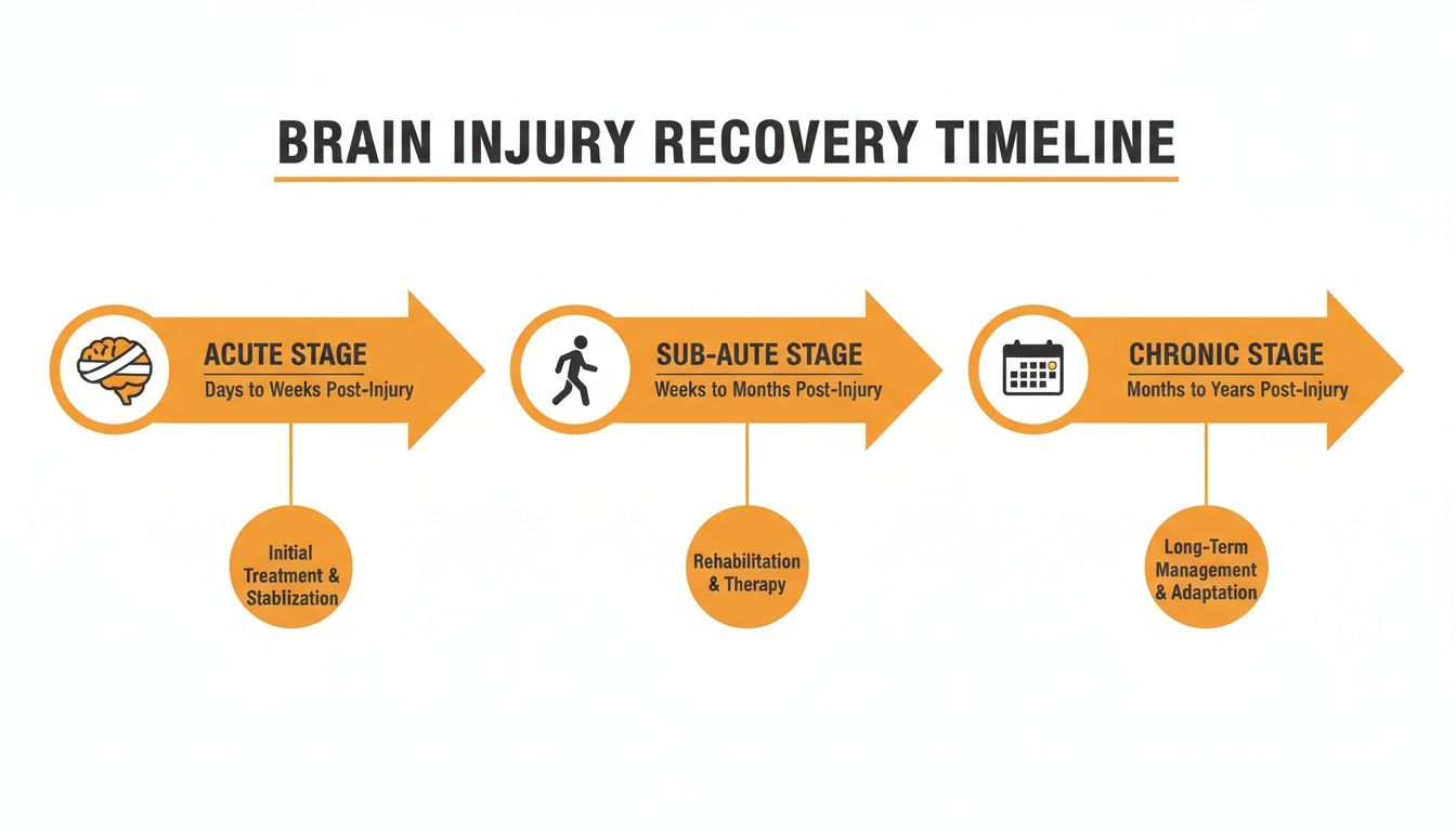 Infographic illustrating the three stages of brain injury recovery: acute, sub-acute, and chronic.