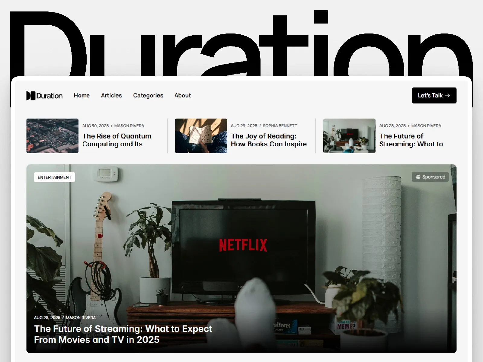 Duration minimal blog template with bold typography, featured articles, and entertainment streaming post layout.