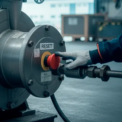 Industrial operator pressing a large machine reset button, illustrating equipment troubleshooting and safety procedures on the factory floor.