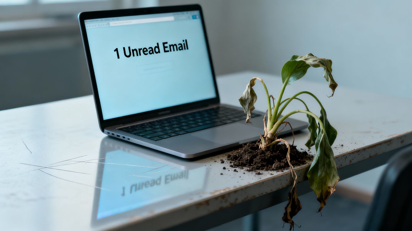 Empty desk with unread email notification and wilting plant.