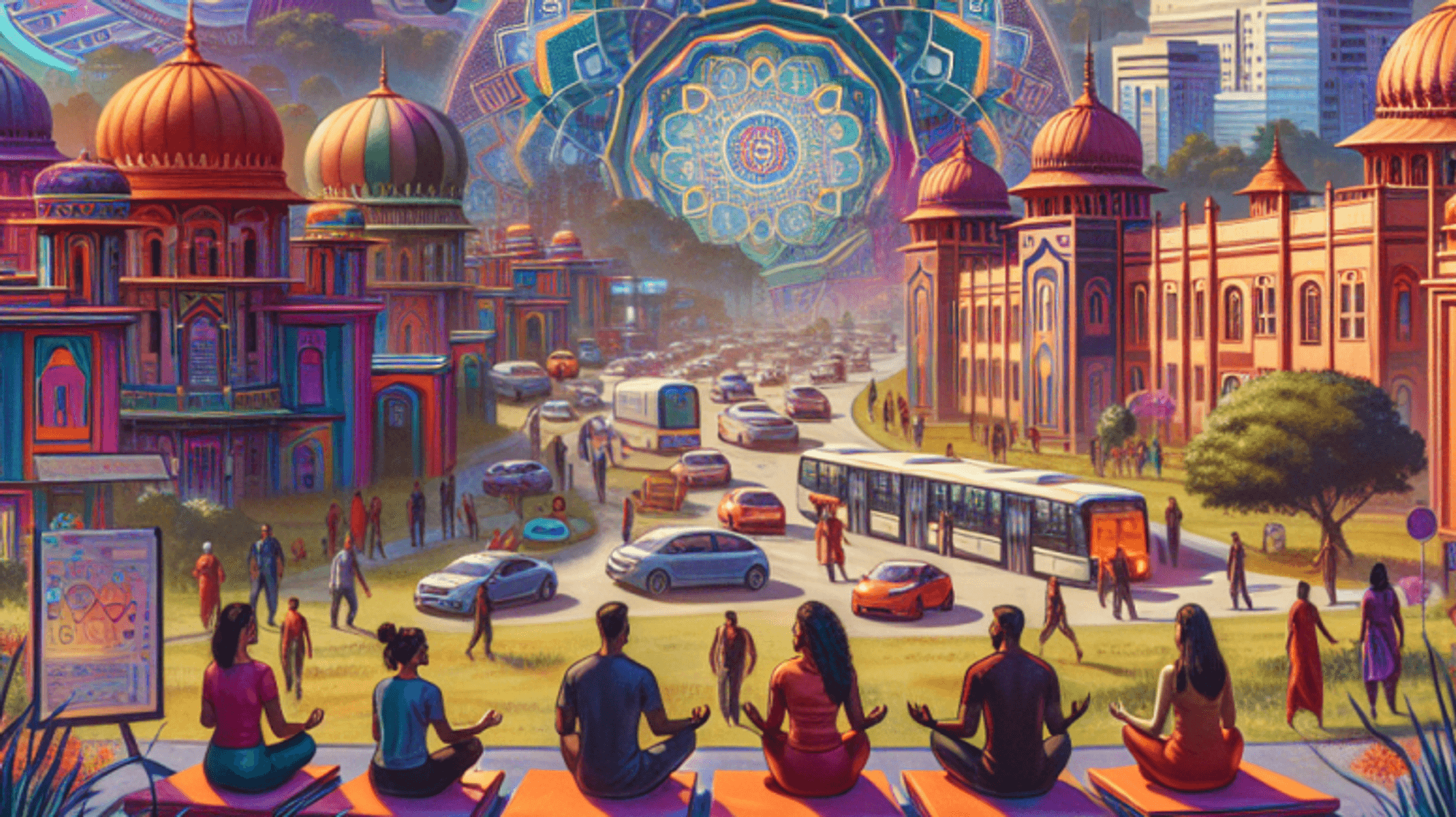 Some people doing meditation with a background of noise world and traffic