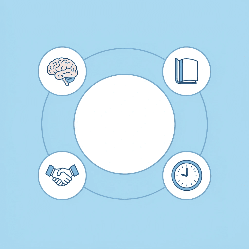 Central bulletin board icon connected to four surrounding icons representing engagement, structure, cognitive development, and connections