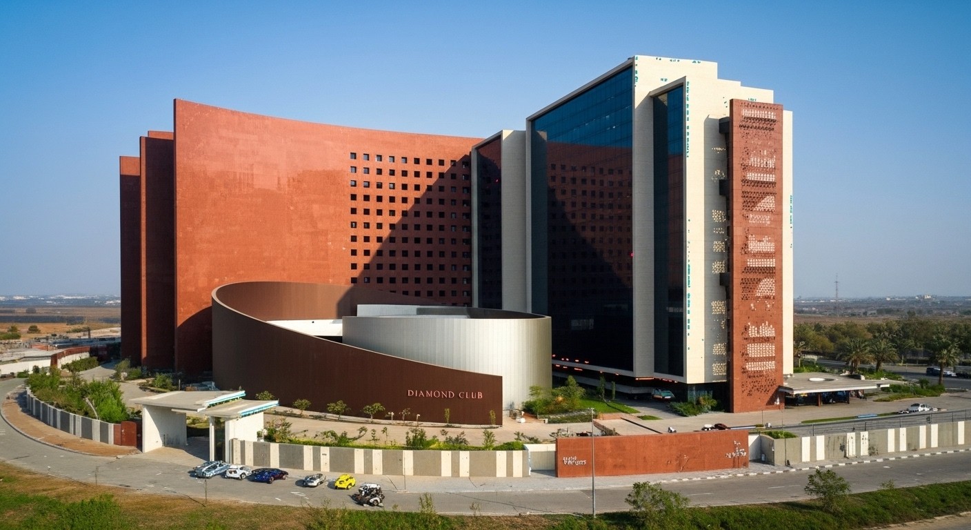 Surat Diamond Bourse exterior- world's largest office building at 660,000 square metres, hub for B2B diamond trading and lab grown diamond jewelry manufacturing, centralizing India's diamond cutting polishing and export operations