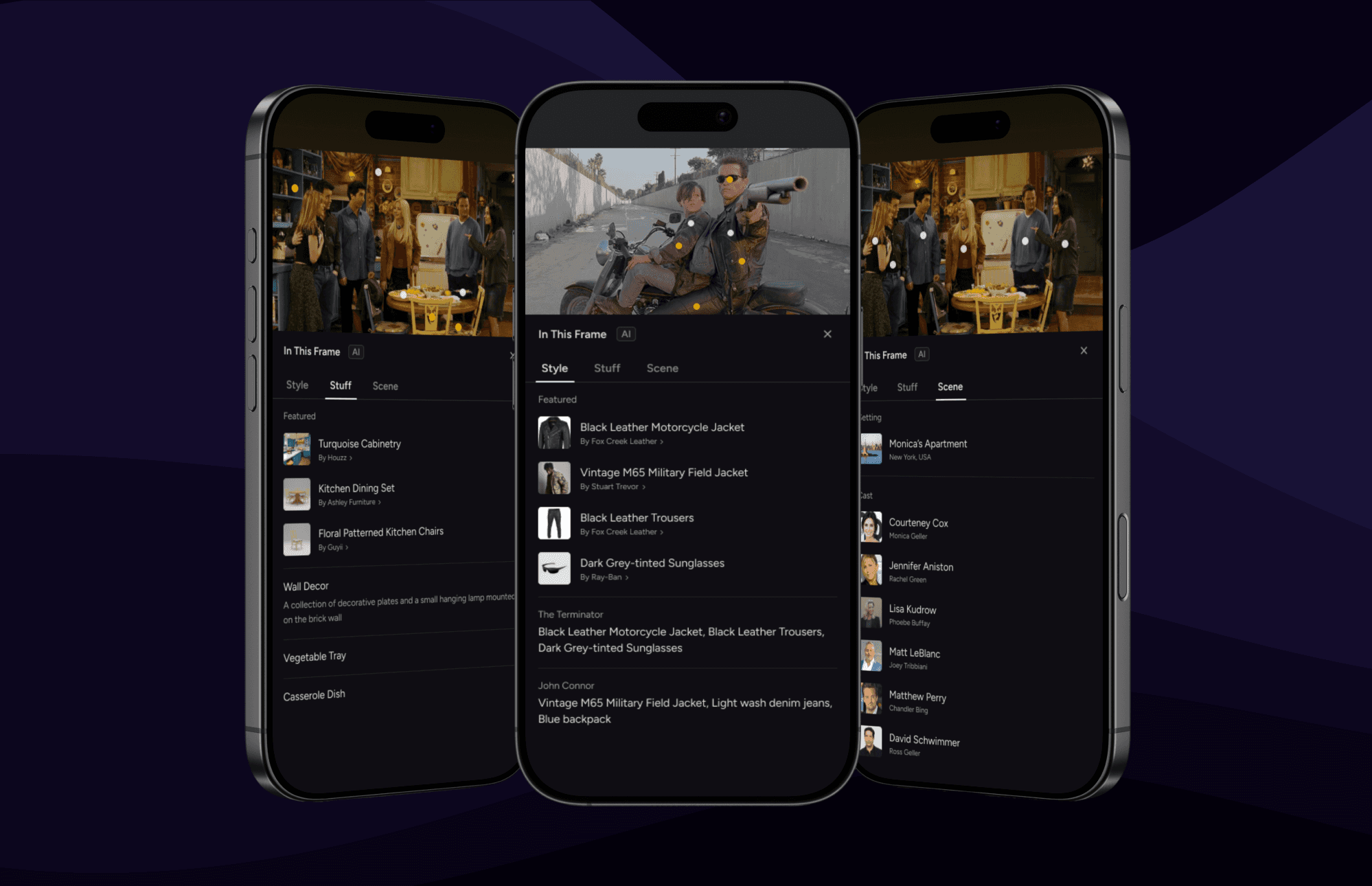 Triptych of mobile screens showing the "In This Frame" AI feature identifying Scene, Style, and Props across different movie scenes