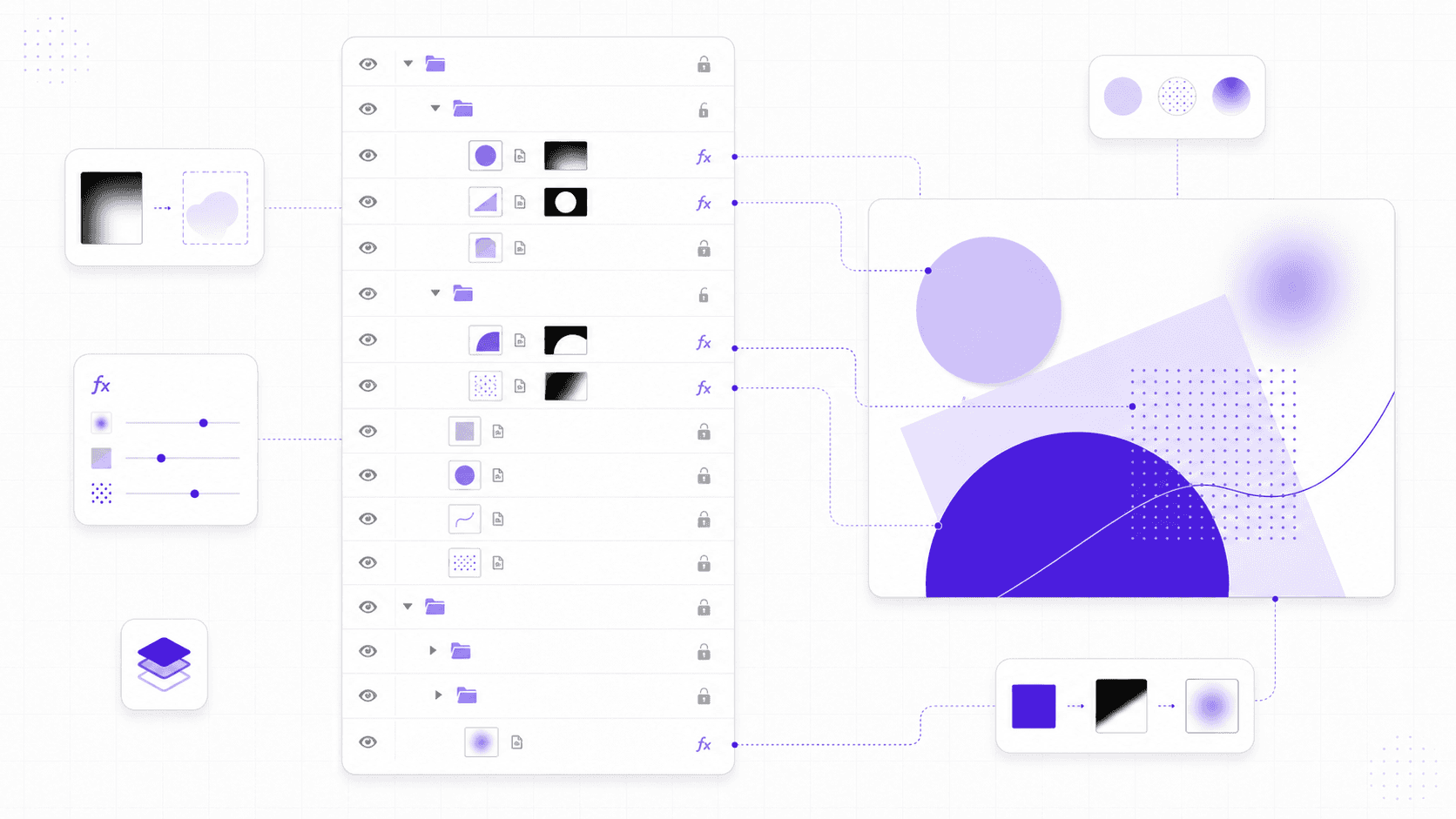 Illustration of a crowded Photoshop layer panel with effects, masks, folders, and connected design elements