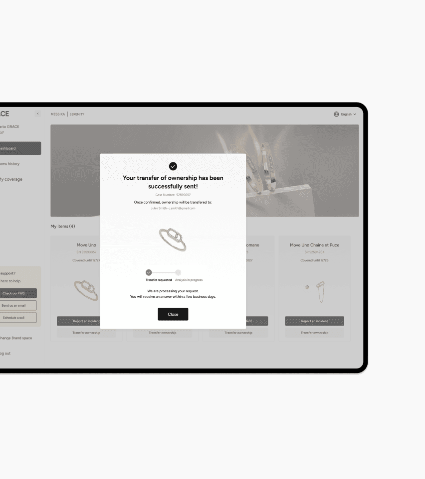 Écran de connexion du portail COPIN x GRACE avec un visuel artistique d’un visage derrière une vitre mouillée