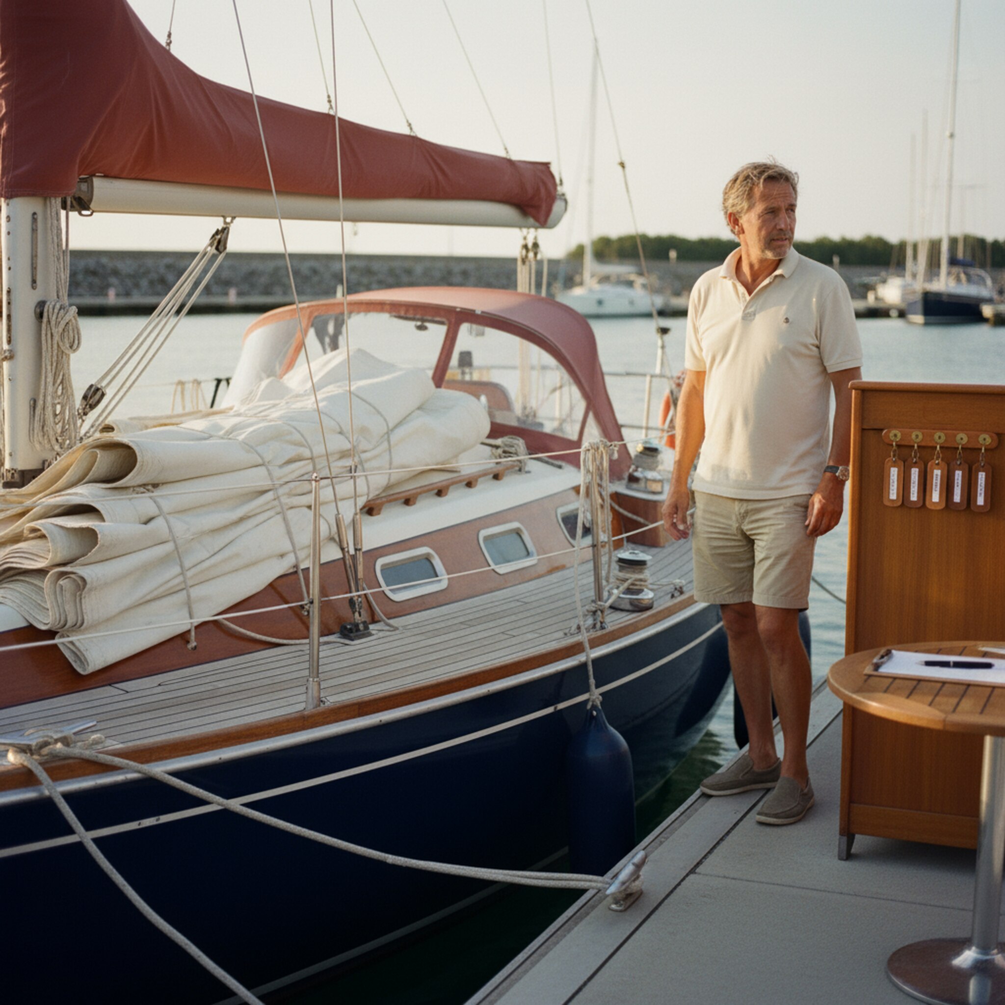 Eine Clubyacht liegt längsseits, Festmacher sauber belegt. Segel sind ordentlich gebändselt, ein Mitglied prüft Winschen und Beschläge. Schlüssel hängen an einem nummerierten Hakenbrett, ein simples Übergabeprotokoll liegt bereit. Warmes Nachmittagslicht betont die Struktur des Teaks.